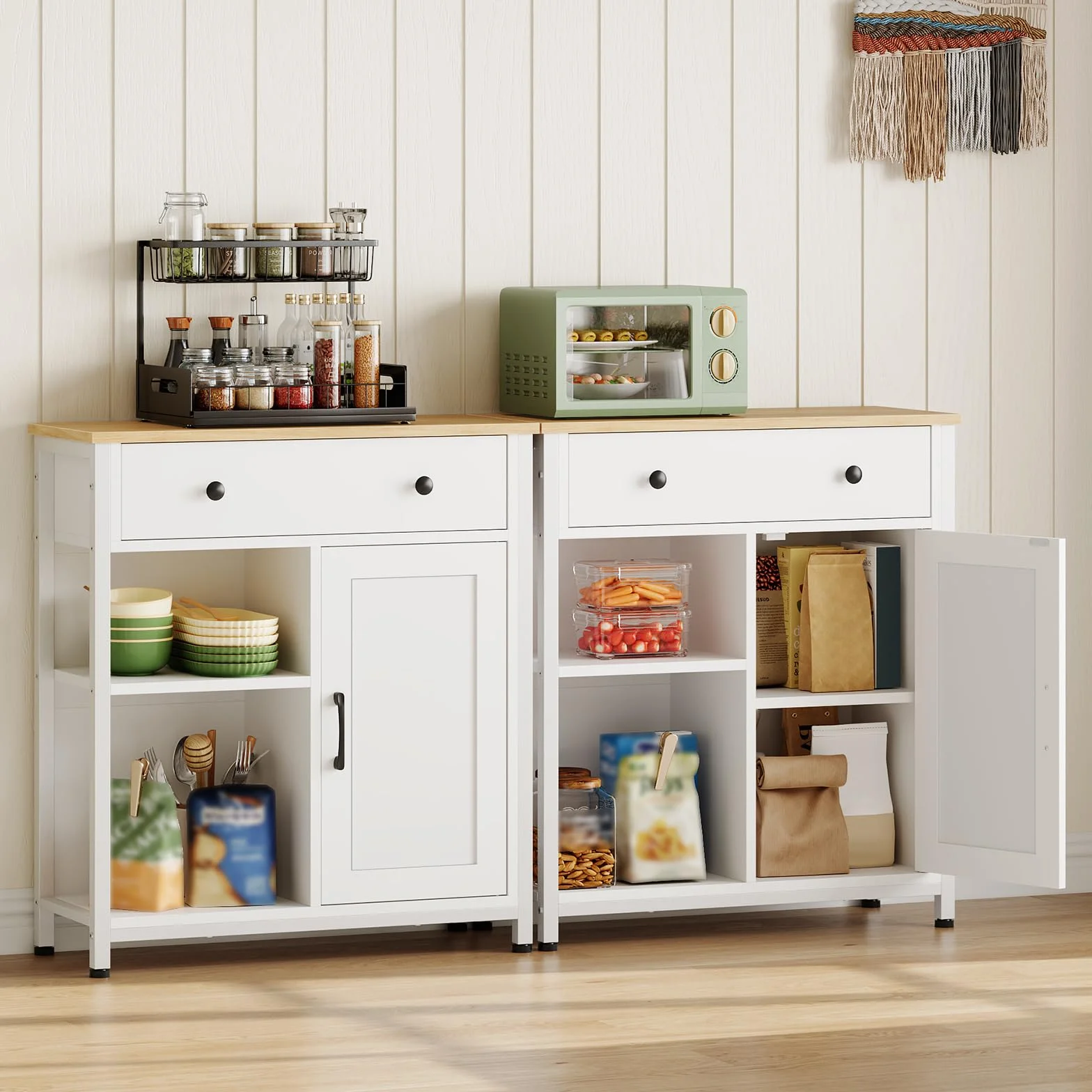 HOOBRO Aparador con 1 Cajón y Estante Ajustable, Armario de Cocina, Mueble Auxiliar Buffet, Gabinete de Almacenamiento, Mesa de Café, para Cocina, Comedor, Sala de Estar, Blanco y Natural EWN70CB01