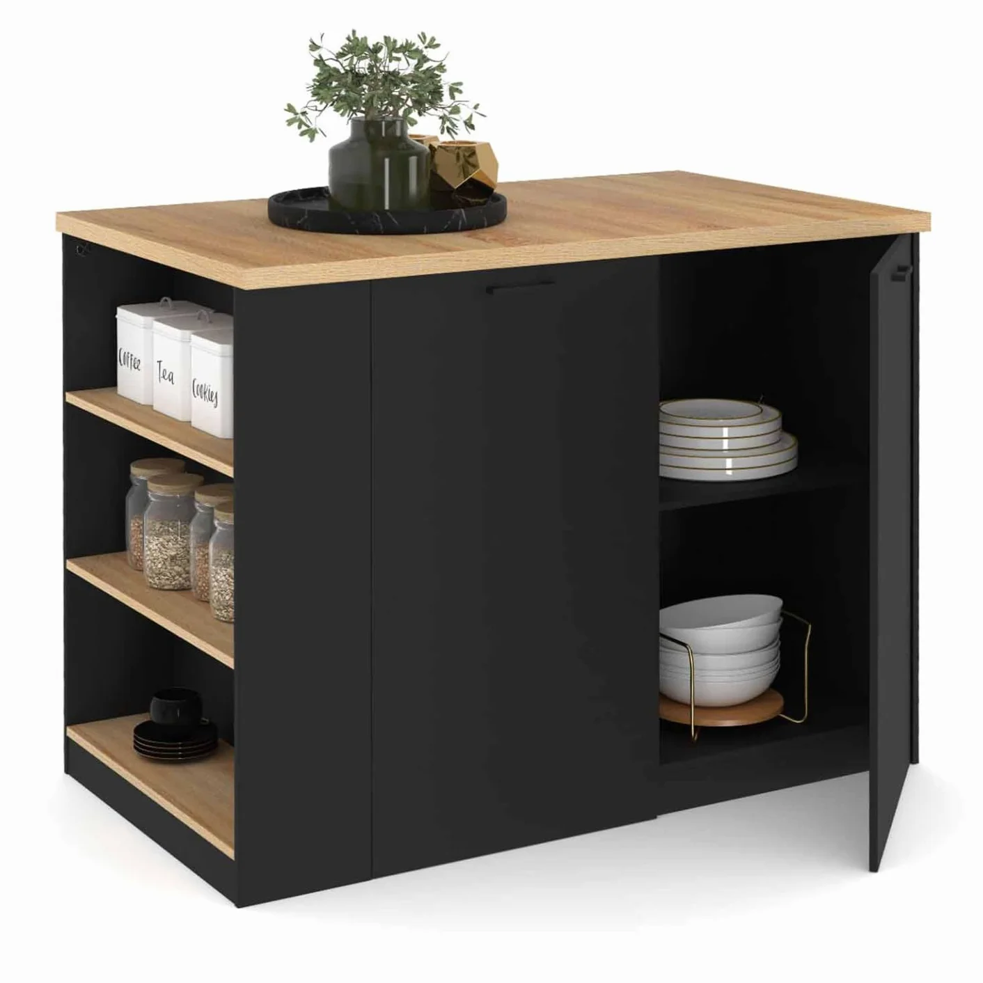 IDMarket – Ilot central TIBO 120 cm madera negra con encimera de haya
