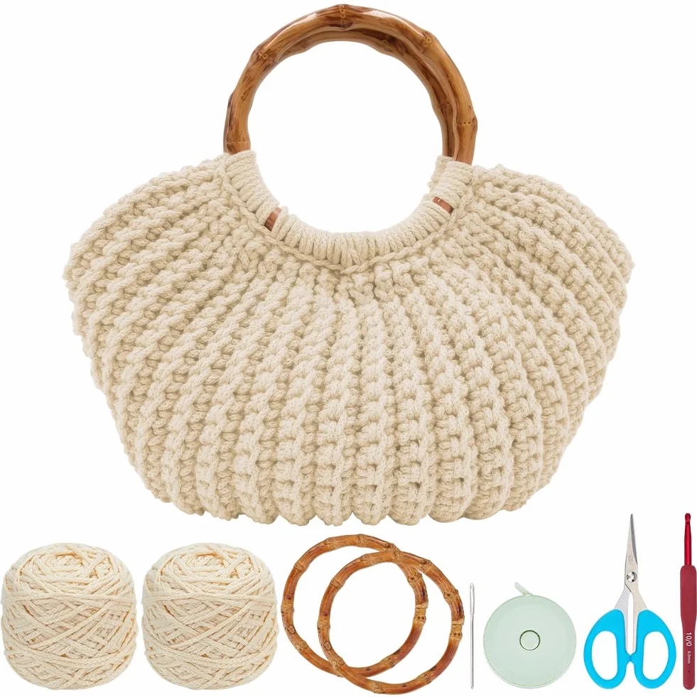 ACRNIGHEET Kit de bolsa de ganchillo para adultos, kit de bolsa de ganchillo para principiantes, kit de ganchillo para principiantes, kit de iniciación de bolsa de ganchillo bohemio con guía de video