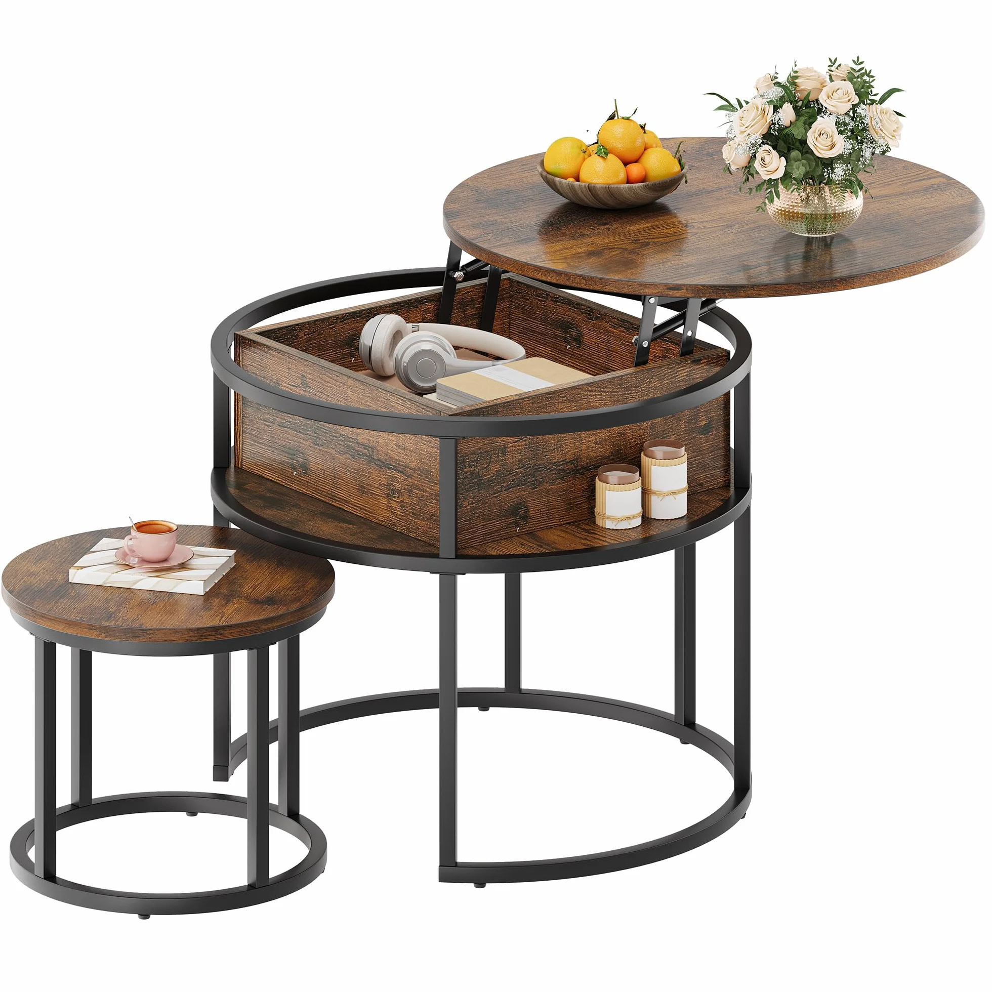 YITAHOME Mesa de Centro Redonda, Juego de 2, Mesa de Salón Vintage con Espacio de Almacenamiento, Mesa Centro Elevable y Extensible 60 x 60 x 50 cm, 38 x 38 x 30 cm