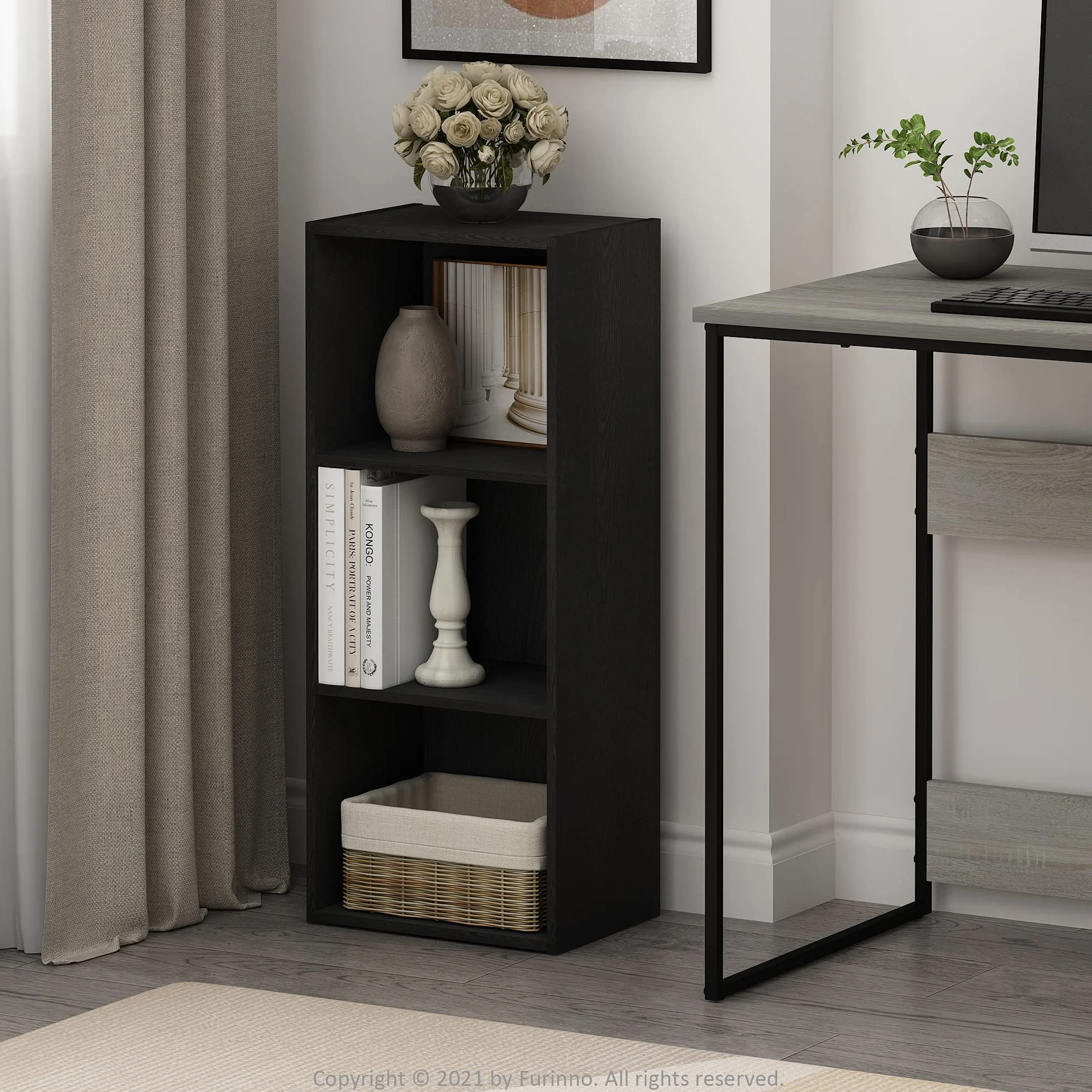 Furinno Pasir - Librería de estantes abiertos, 3 niveles, madera negra