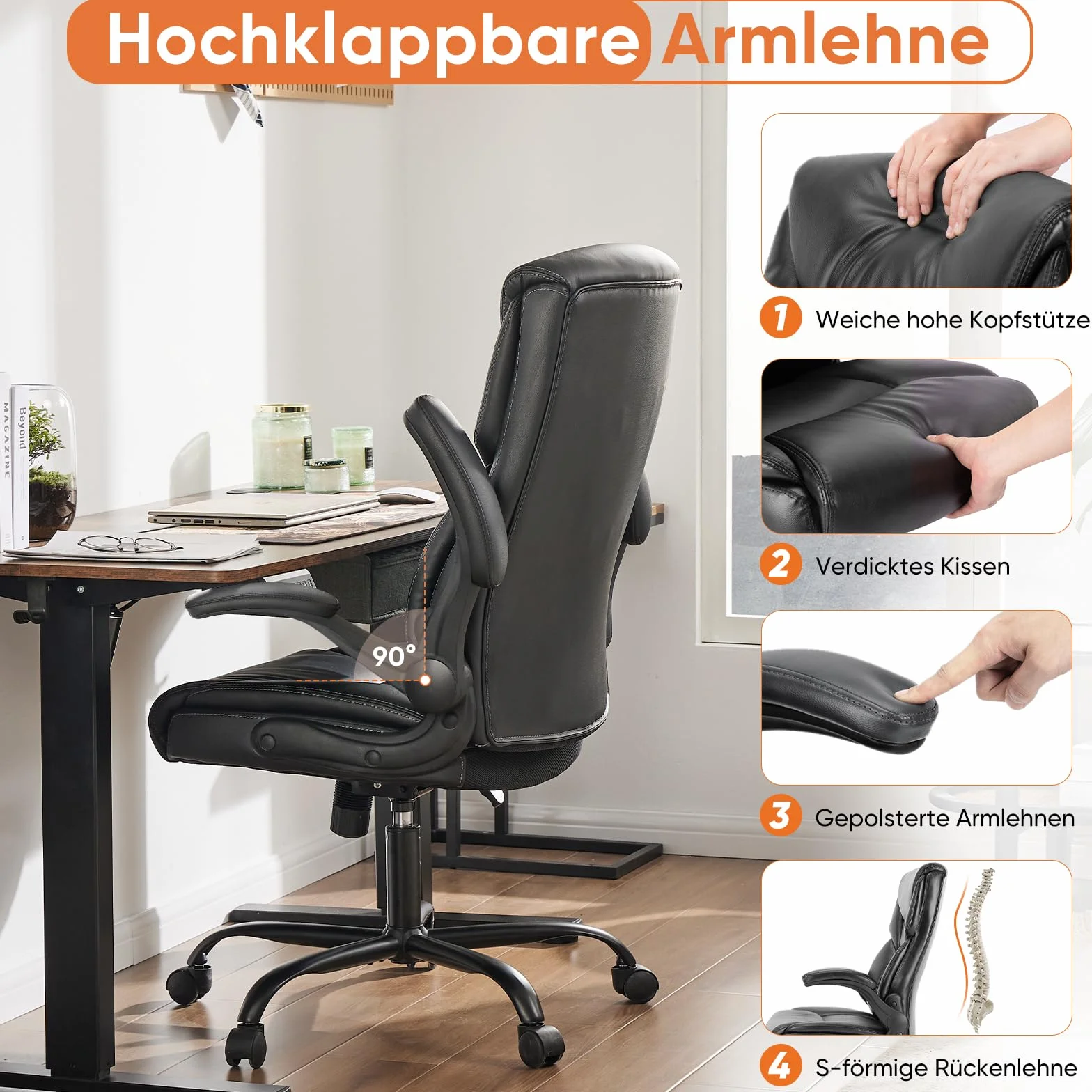 Sweetcrispy Silla de Oficina ergonómica de Piel sintética con reposabrazos Plegables, ergonómica para Ordenador con Respaldo Alto, para Videojuegos, para el Trabajo, Descanso, Color Negro