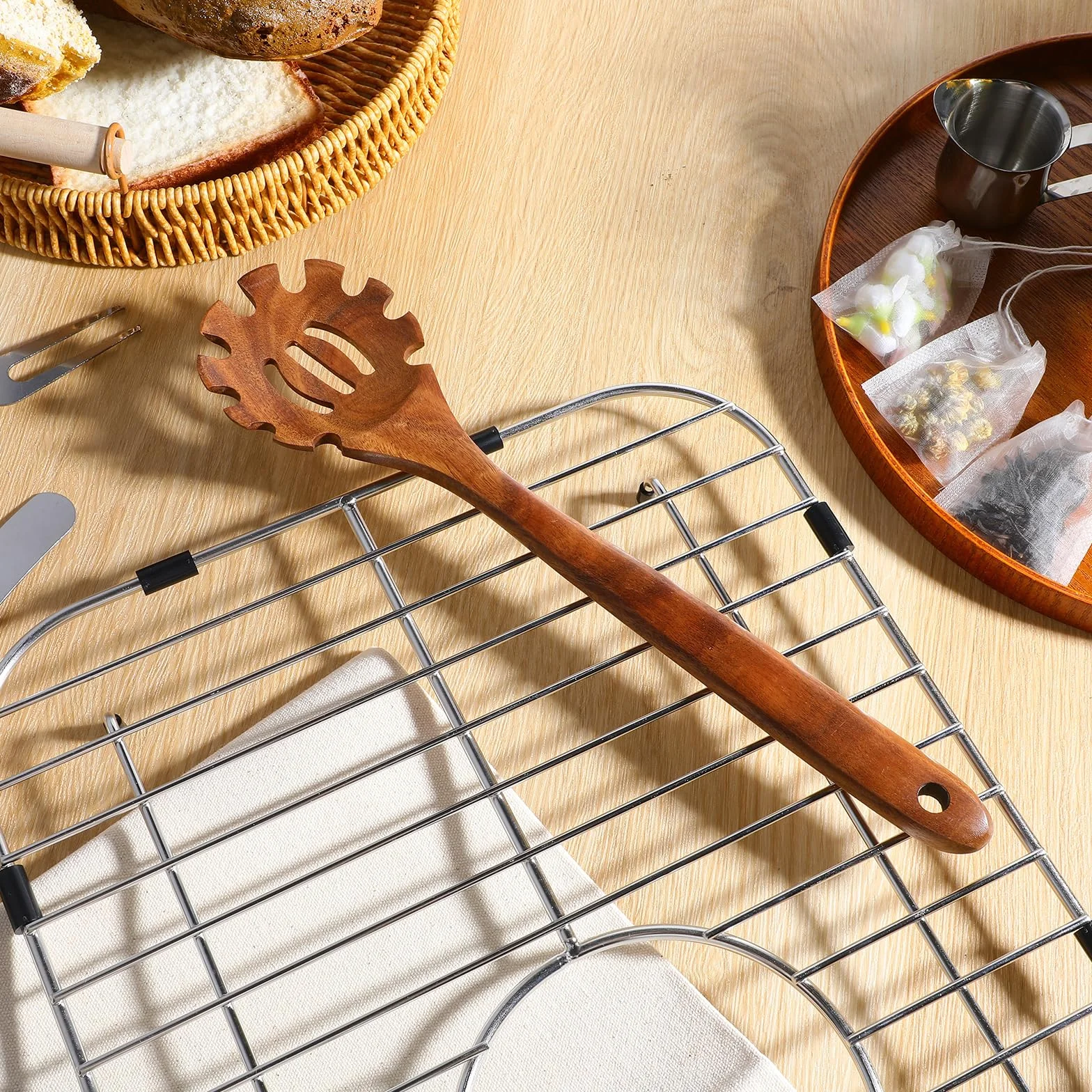 Cuchara de pasta con dientes, cuchara de madera para espagueti, tenedor y servidor resistente al calor