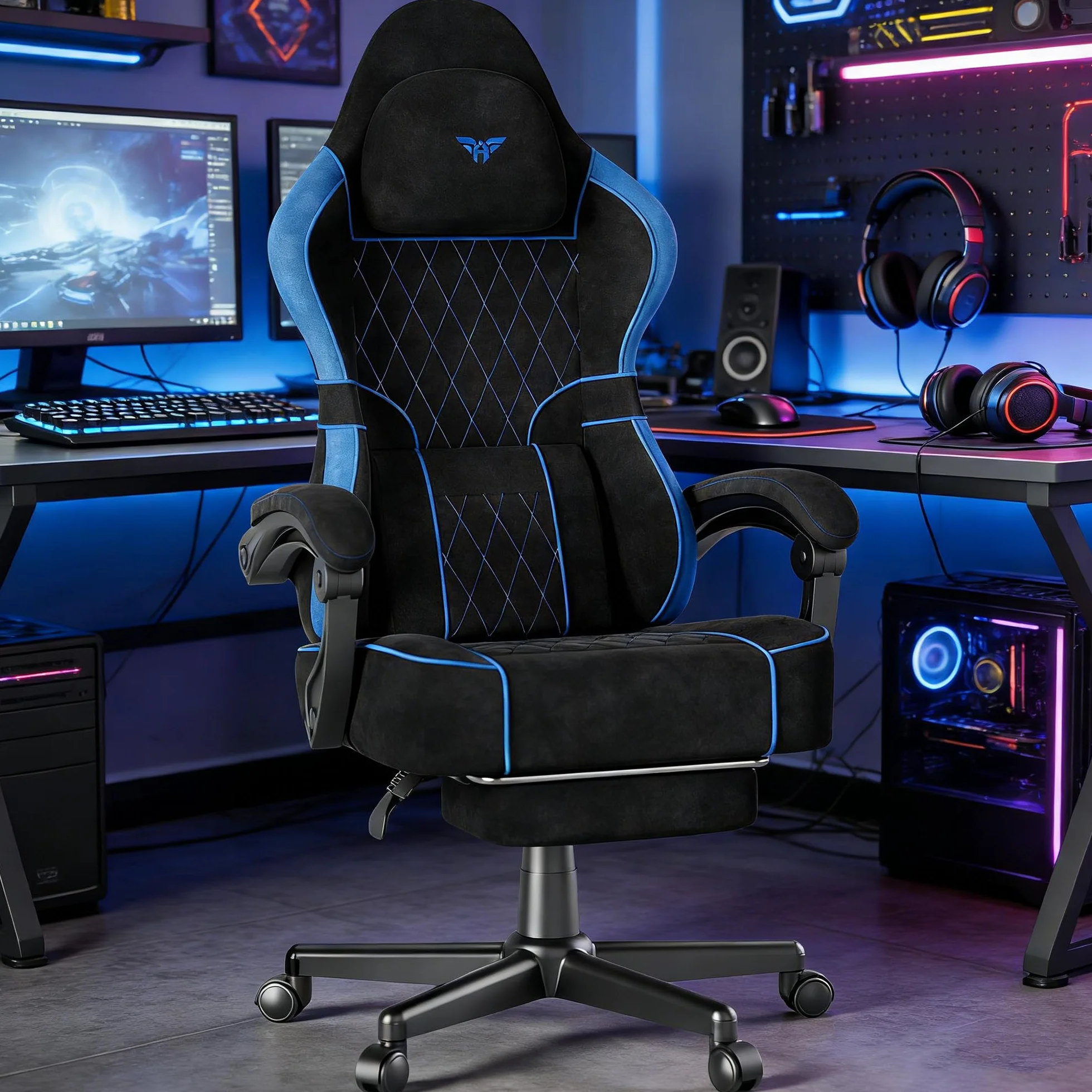 Soontrans Silla Gaming con Cojín Lumbar Masajeador, Silla Gamer con Reposacabezas, Reposapiés, Cadeira Gaming, Tela sintética, Altura Ajustable para Juegos (Negro y Azul)