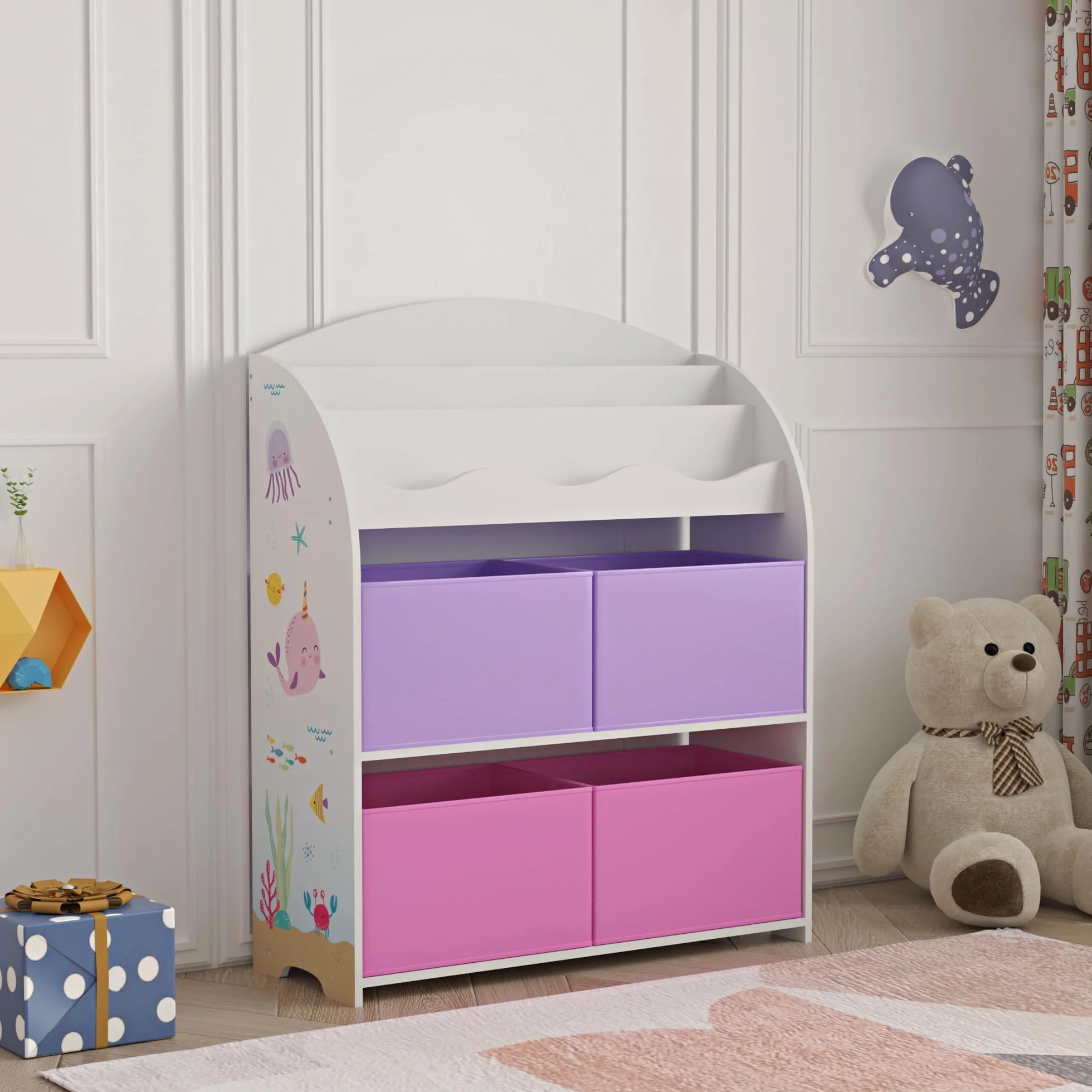 [en.casa] Estantería Infantil de 3 Niveles y con 4 Cajas Librería con Motivos Infantiles Dormitorio para Niños Habitación Infantil 98x83x30 cm Aglomerado - Motivo del Océano Púrpura/Rosa
