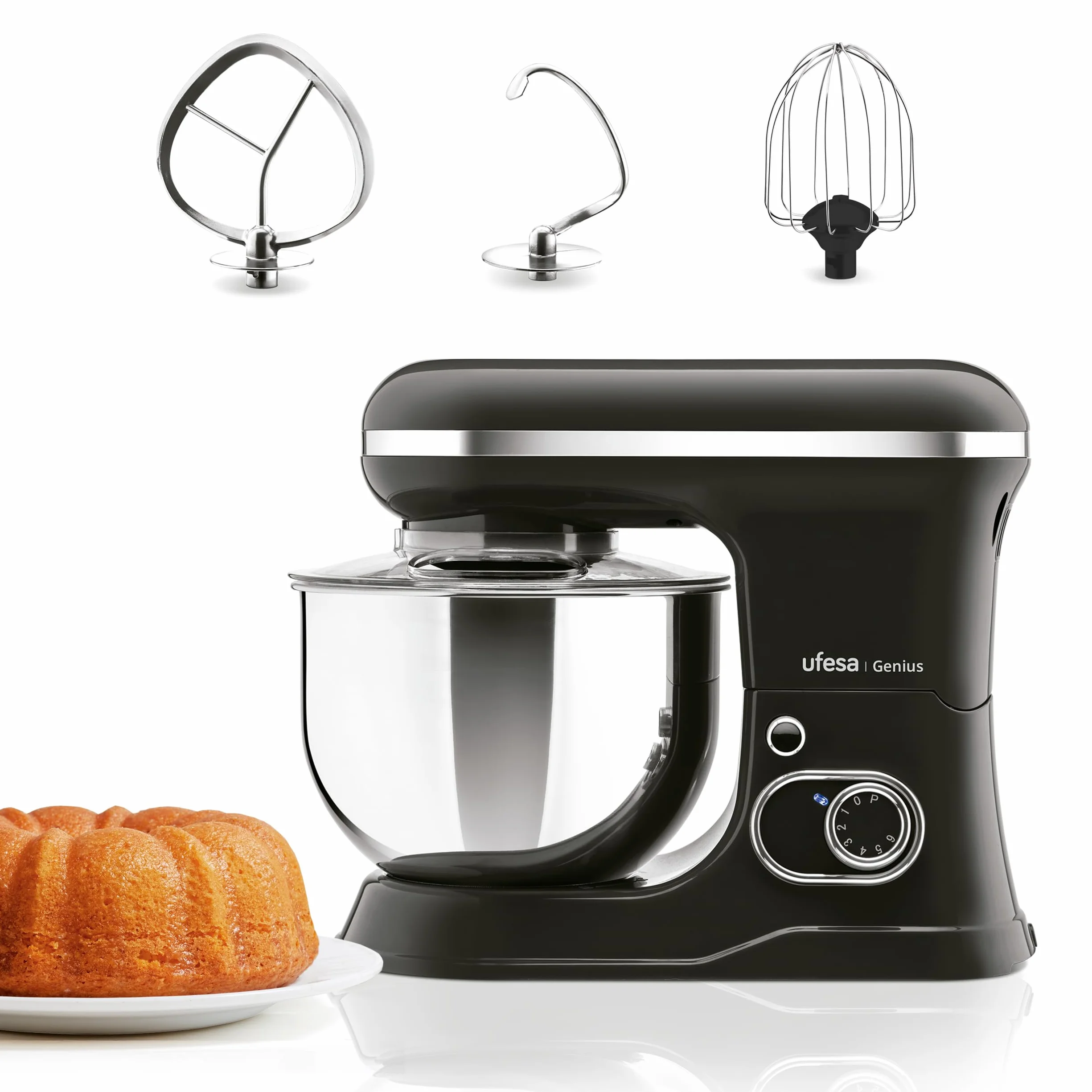 Ufesa Genius Batidora Amasadora 5 en 1 para Repostería Profesional, 1200W, 5L, Robot Cocina Multifunción, Bol en Acero Inoxidable, 6 Velocidades + Turbo, 3 accesorios incluidos, Sin BPA