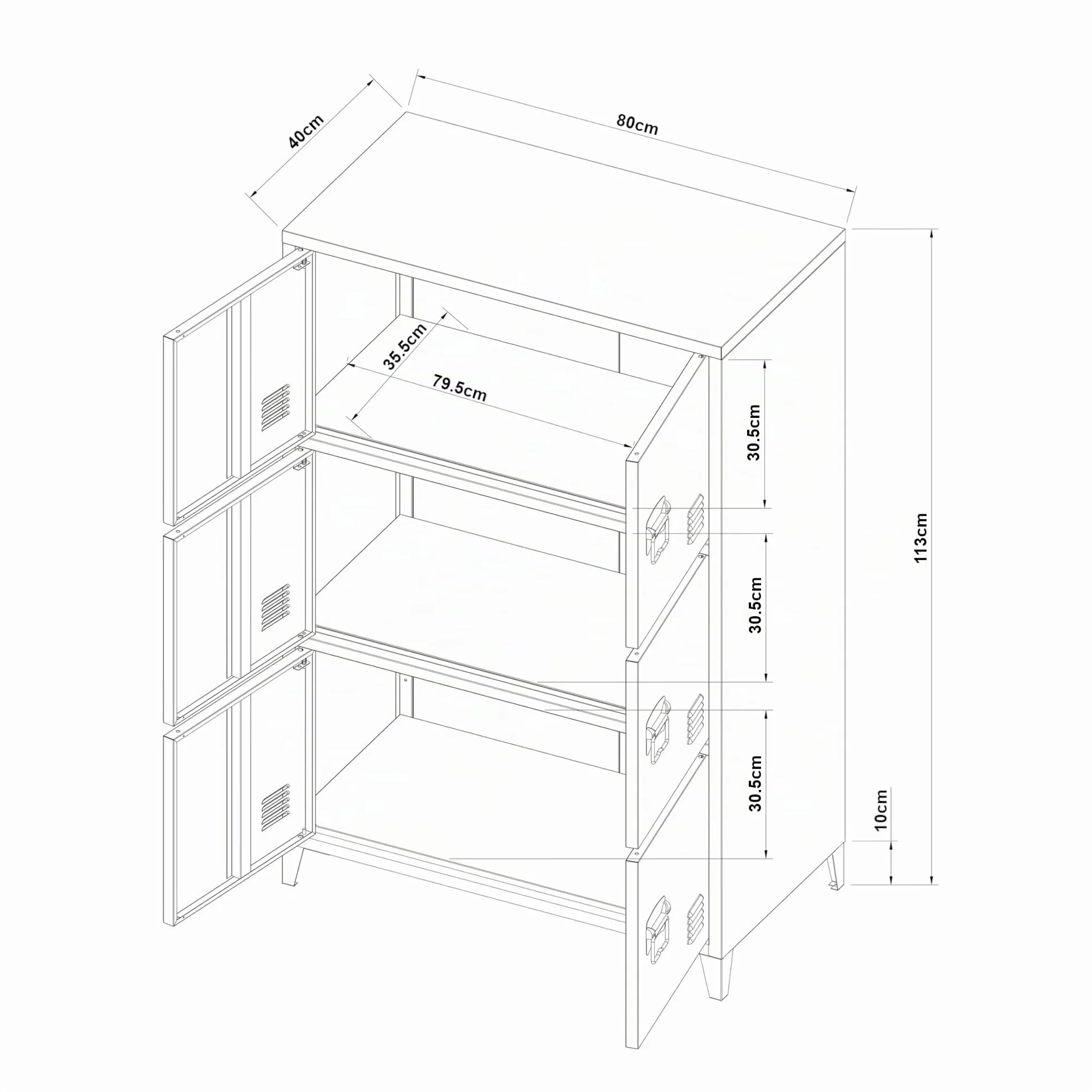 [en.casa] Armario de Oficina Mueble de Oficina Archivador de Estudio con 2 Estantes con 6 Puertas Ranuras de Ventilación Acero 113 x 80 x 40 cm - Negro
