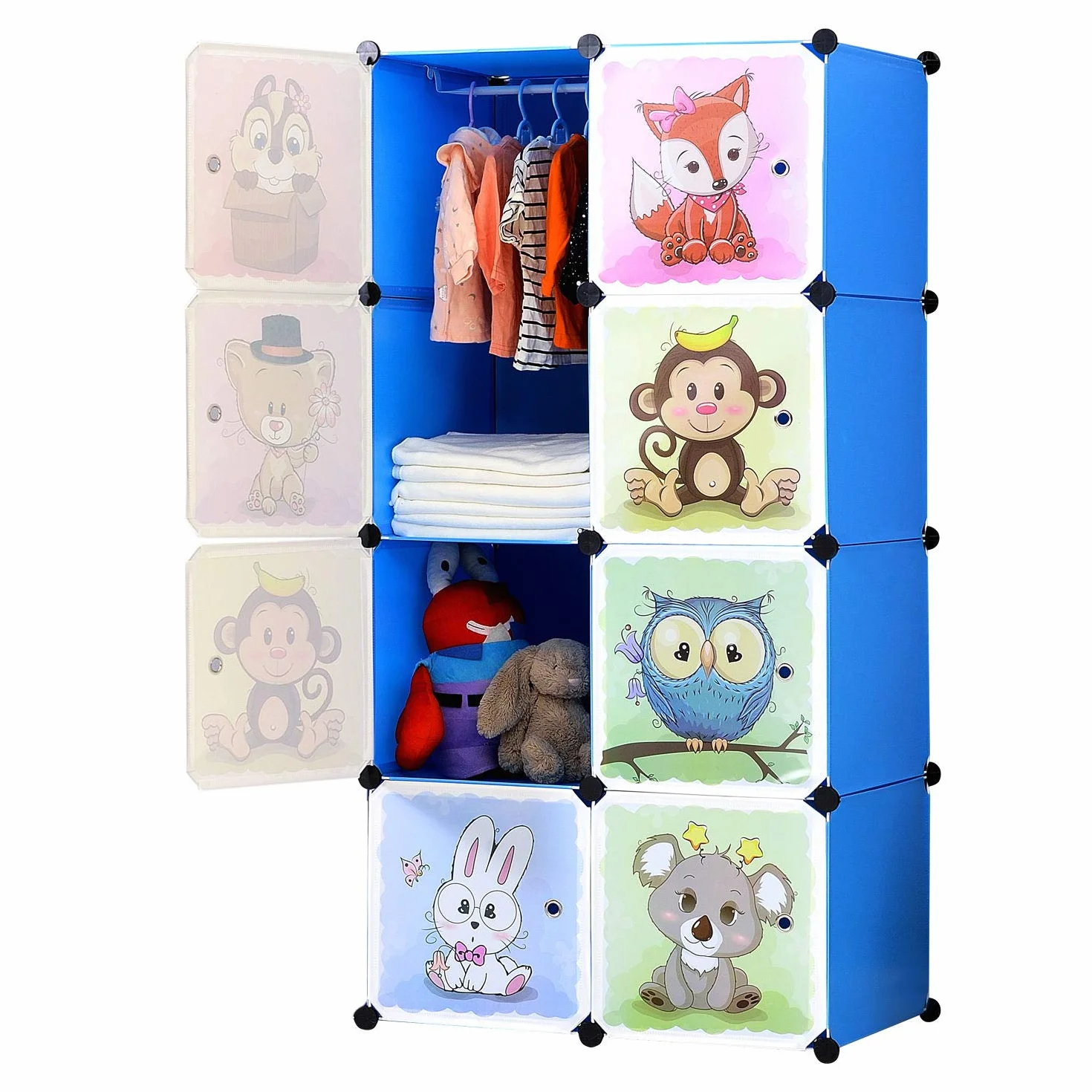 BRIAN & DANY Armario Modular Infantil de Puertas con Motivos de Animales Estanterías por Módulos Armario de Almacenaje, Azul, 75 x 47 x 147 cm