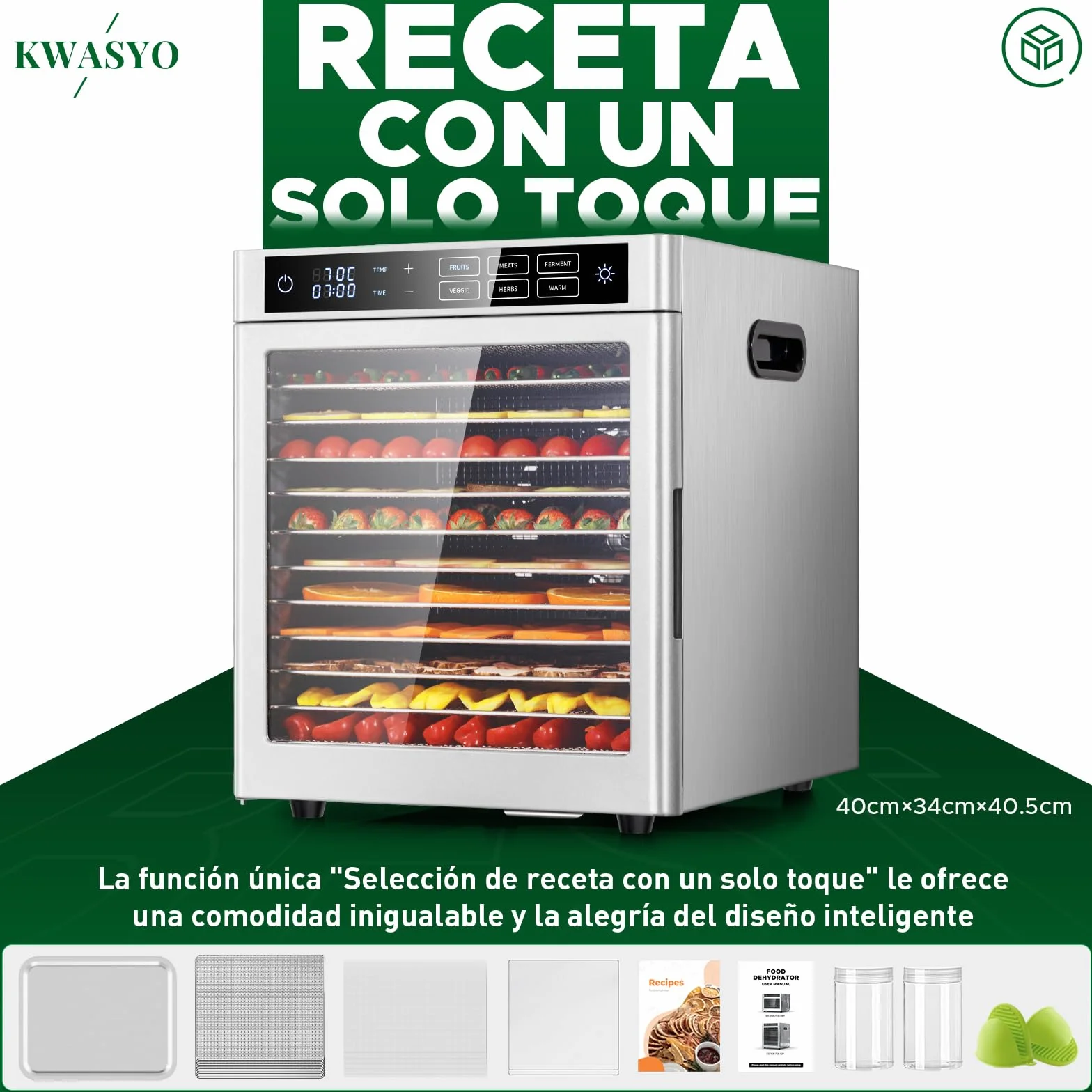 Kwasyo Deshidratador de Alimentos Acero Inoxidable 12 Bandejas, 6 Funciones Preestablecidas, Deshidratador de 800W, 6 Tapetes de Silicona, 2 Tarros, 2 Bandejas para Rollos de Frutas, Receta Incluida