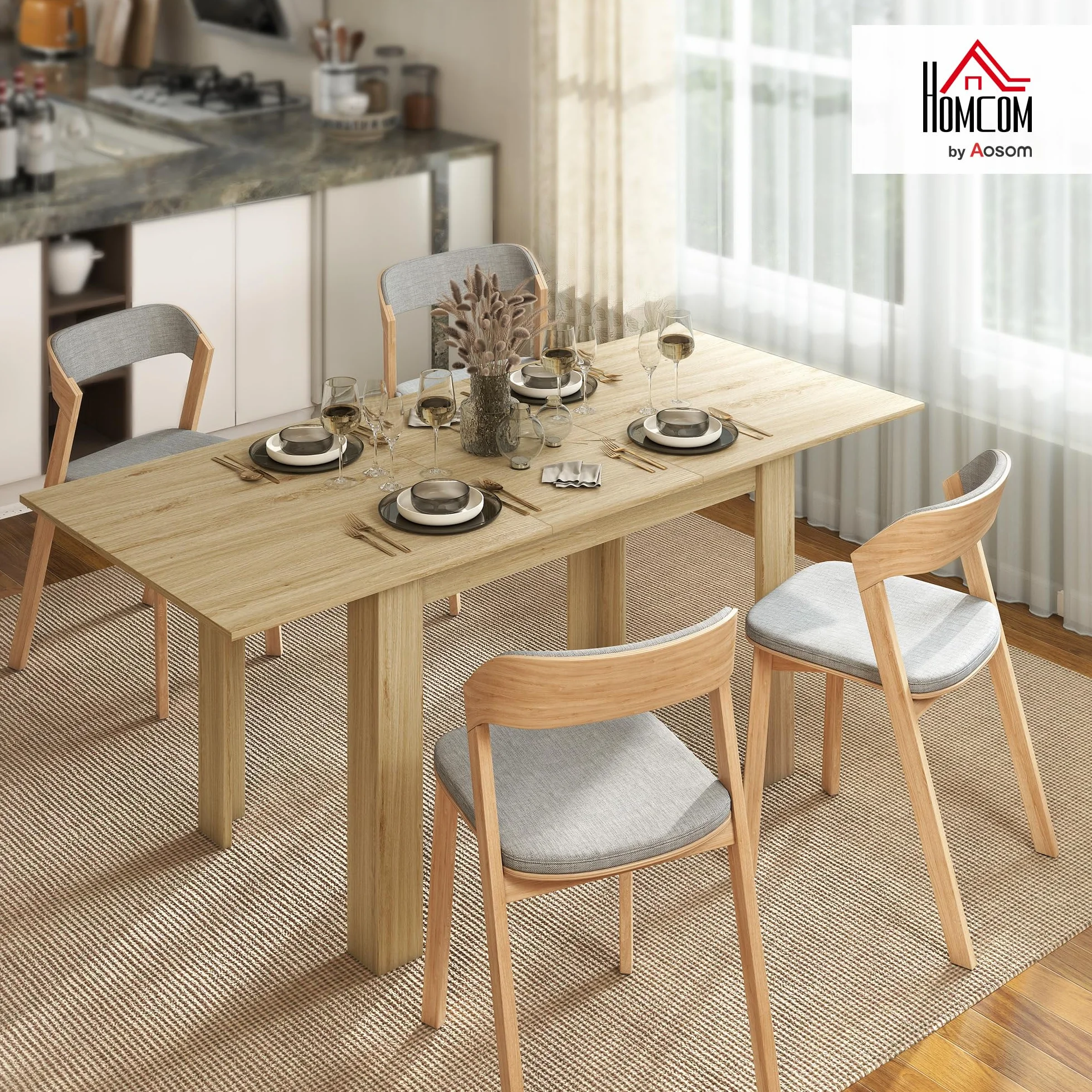 HOMCOM Mesa de Comedor Extensible 140-180x90x75 cm Madera Natural | de 140 a 180 cm, Mesa de Cocina Extensible Rectangular, para 6-8 Personas, para Salón