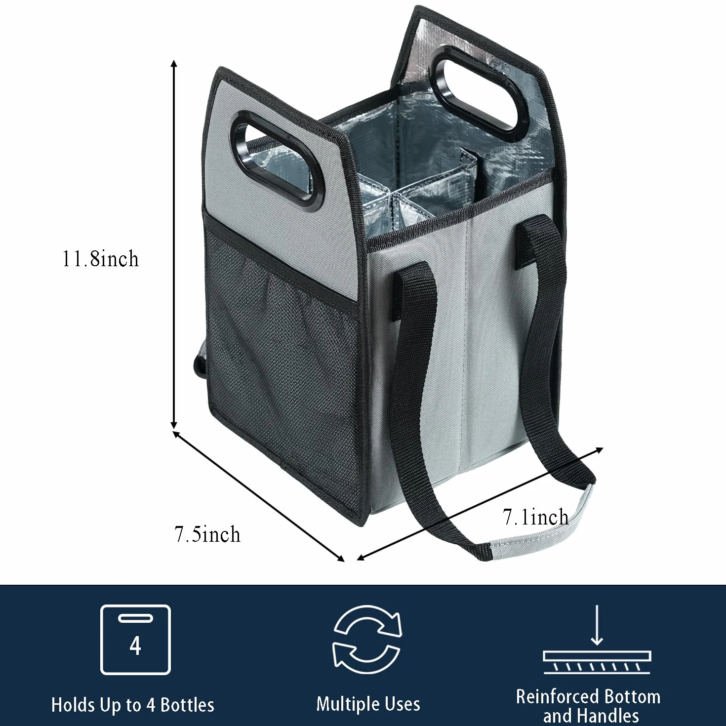 Portabotellas plegable reutilizable con correa para 6 botellas (gris, 4 botellas)