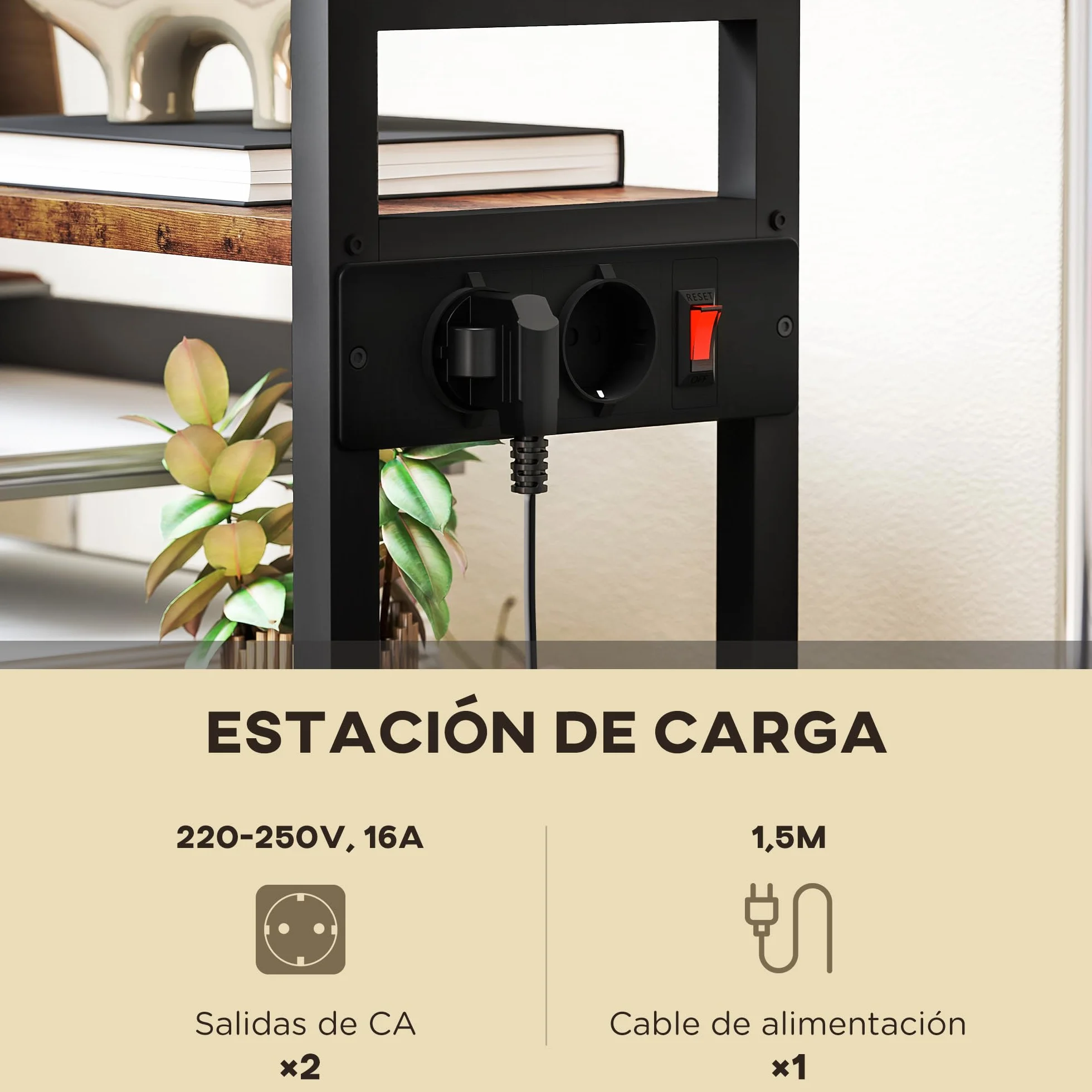 HOMCOM Soporte para Impresora con Estación de Carga Mueble para Impresora de 4 Niveles con Ruedas y Marco Metálico para Oficina Casa Escuela Marrón Rústico