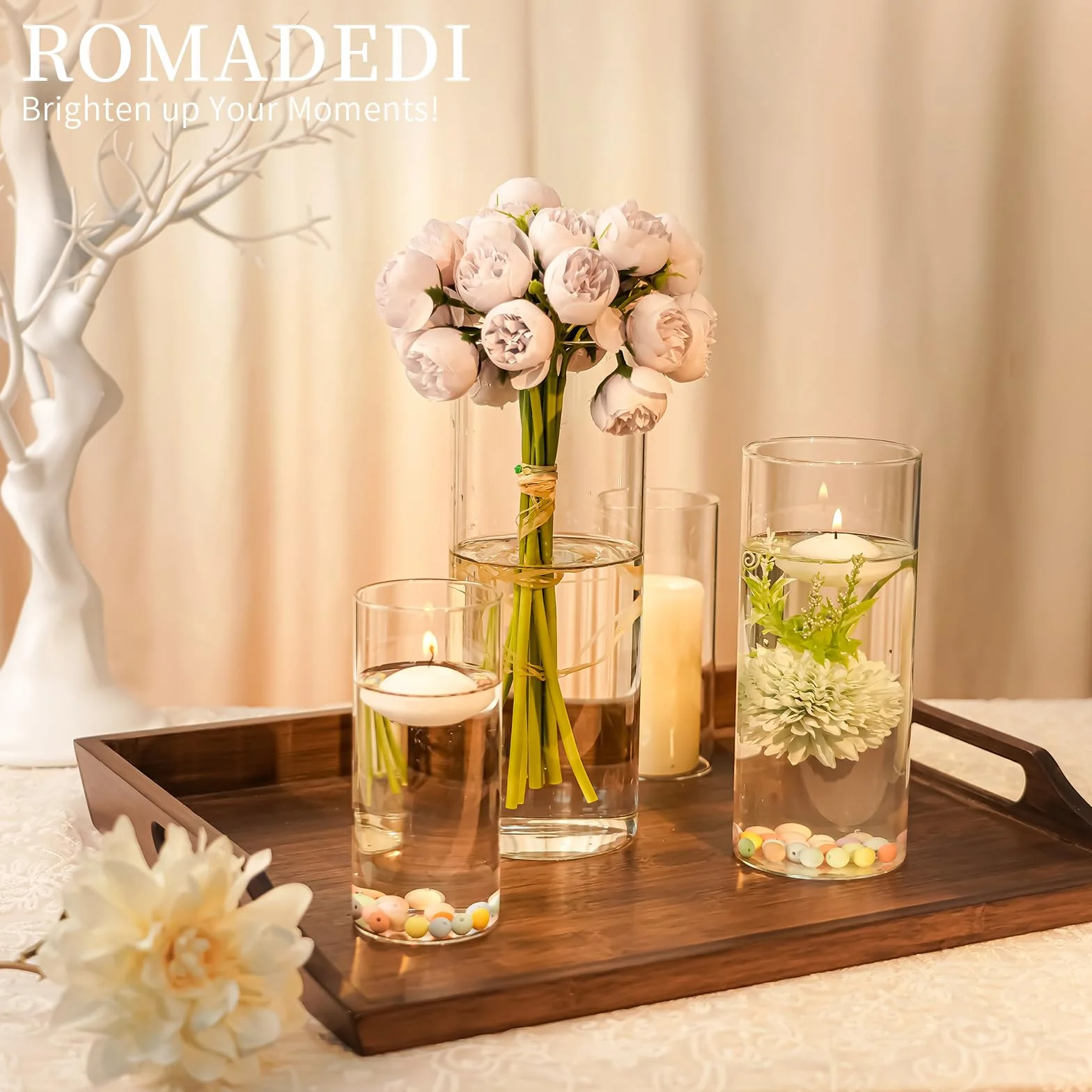 Romadedi Portavelas de cristal para boda, juego de 12 unidades, cilindro transparente, 15/20/25 cm | Vasos para velas flotantes, decoración de mesa, mesa de comedor, fiesta, sala de estar, exterior