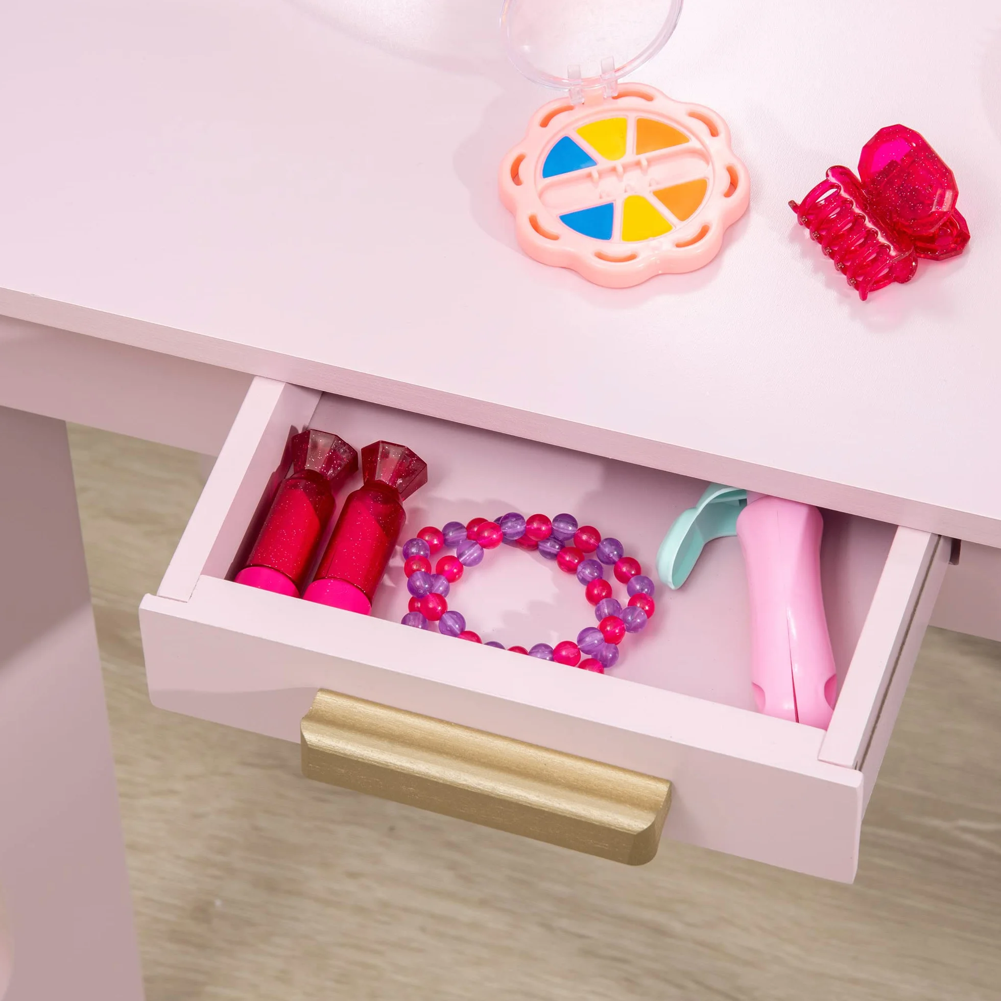 HOMCOM Tocador Infantil con Espejo y Taburete de Maquillaje Madera Rosa para Niñas 3-6 Años