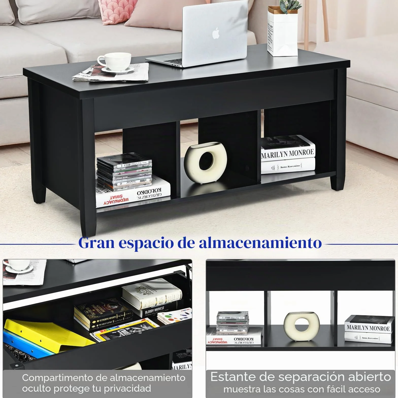 GOPLUS Mesa de Centro Elevable, Mesa Baja Café con Compartimento Oculto y 3 Compartimentos de Almacenamiento, Decorativo para Salón y Oficina (105x52x63 cm, Negro)