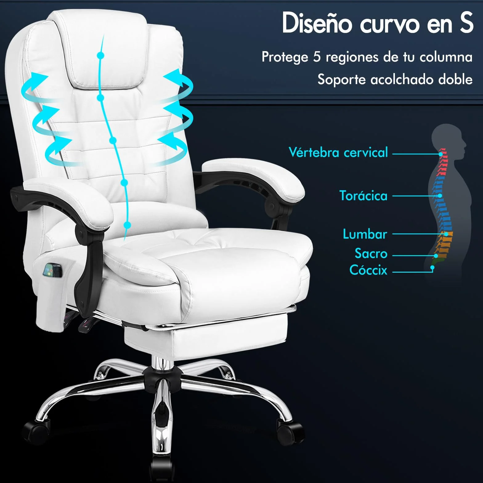 ALFORDSON Silla de Oficina Ejecutiva, Silla de Oficina de Masaje con Respaldo de Palanca, Silla de Escritorio Ergonómica con Gran Acolchado, Sillón, Silla Giratoria, Cuero PU, Blanco