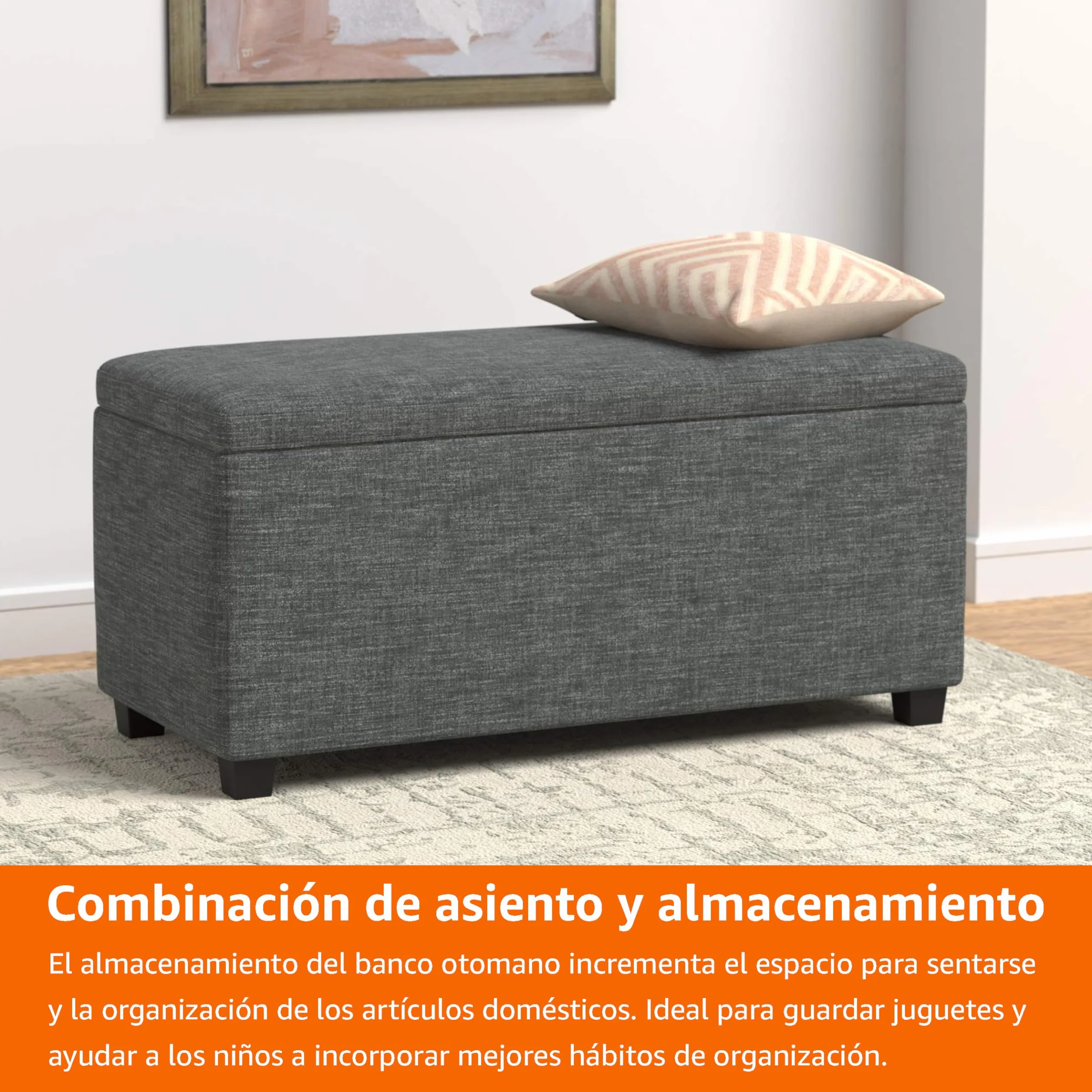 Amazon Basics Banco rectangular acolchado para entrada con almacenamiento, para dormitorio, pasillo, otomana, aspecto de lino, gris oscuro, 42 x 91 x 43 cm