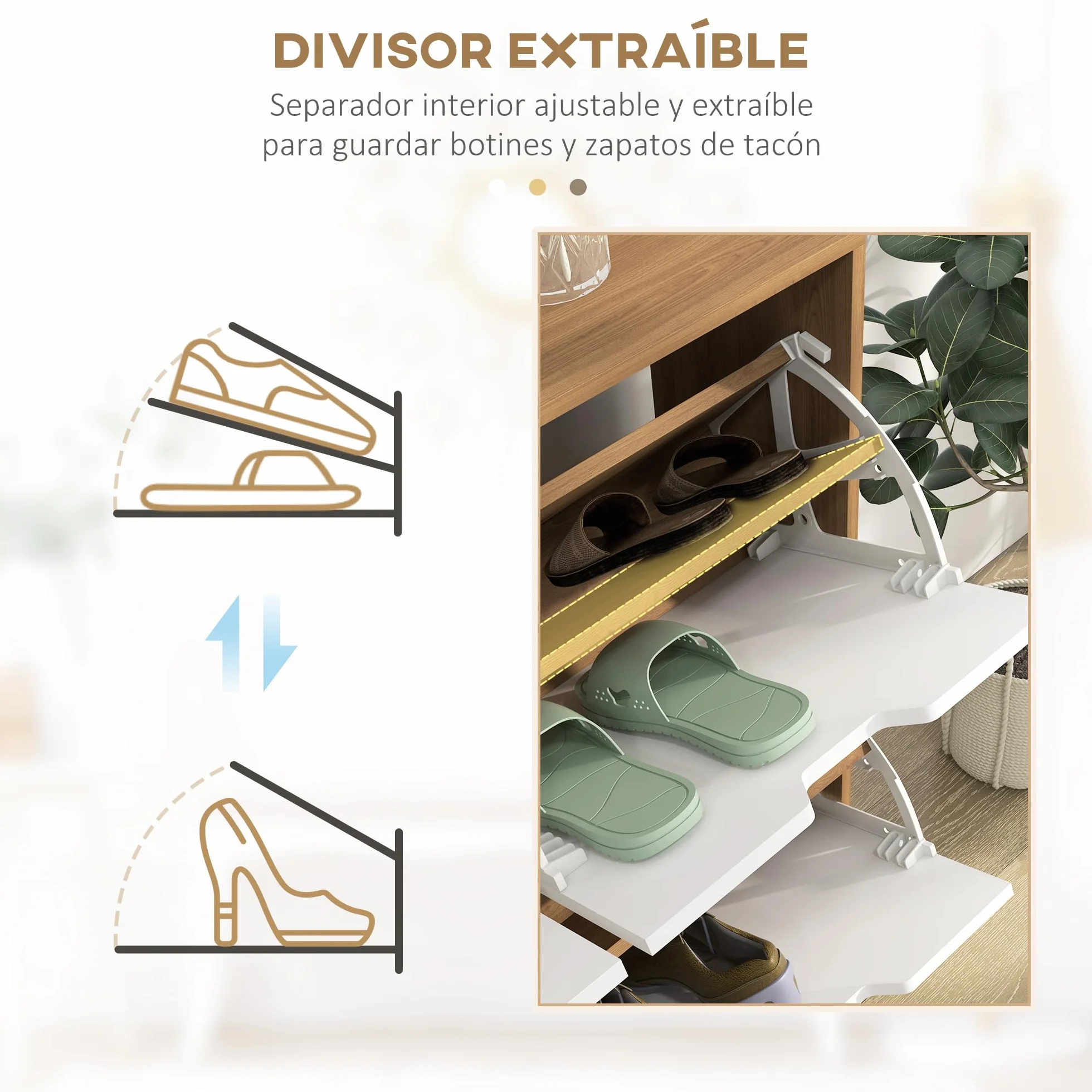 HOMCOM Zapatero Estrecho con 4 Cajones Abatibles, Zapatero Entrada Recibidor con Patas de Madera y Estantes Ajustables, para 16 Pares de Zapatos, para Pasillo, 95x26x95 cm, Blanco y Natural