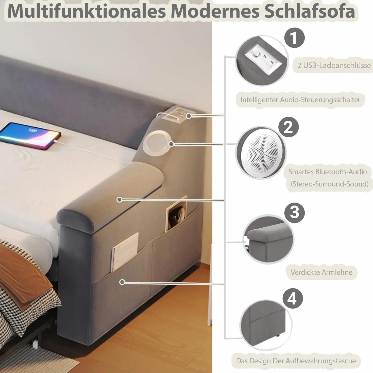 Cama acolchada, sofá cama, reposabrazos anchos y gruesos, con sistema estéreo Bluetooth inteligente, con puerto de carga USB, con compartimentos de almacenamiento, con somier, tela de