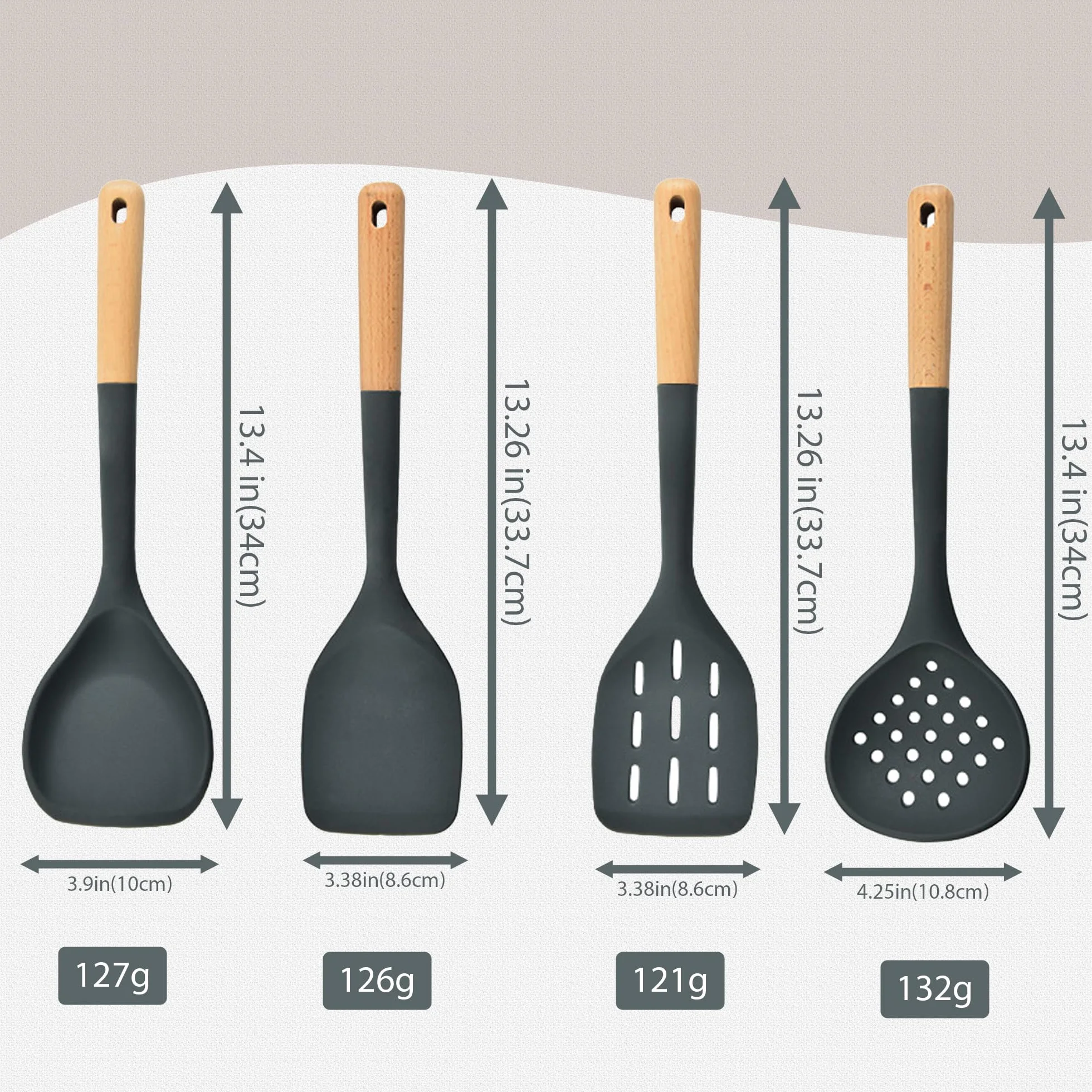 Juego de 7 utensilios de cocina con mango de madera, cabeza de silicona antiarañazos + nailon resistente al calor (cuchara ranurada, cuchara sólida, colador para pasta, espátula) para utensilios de