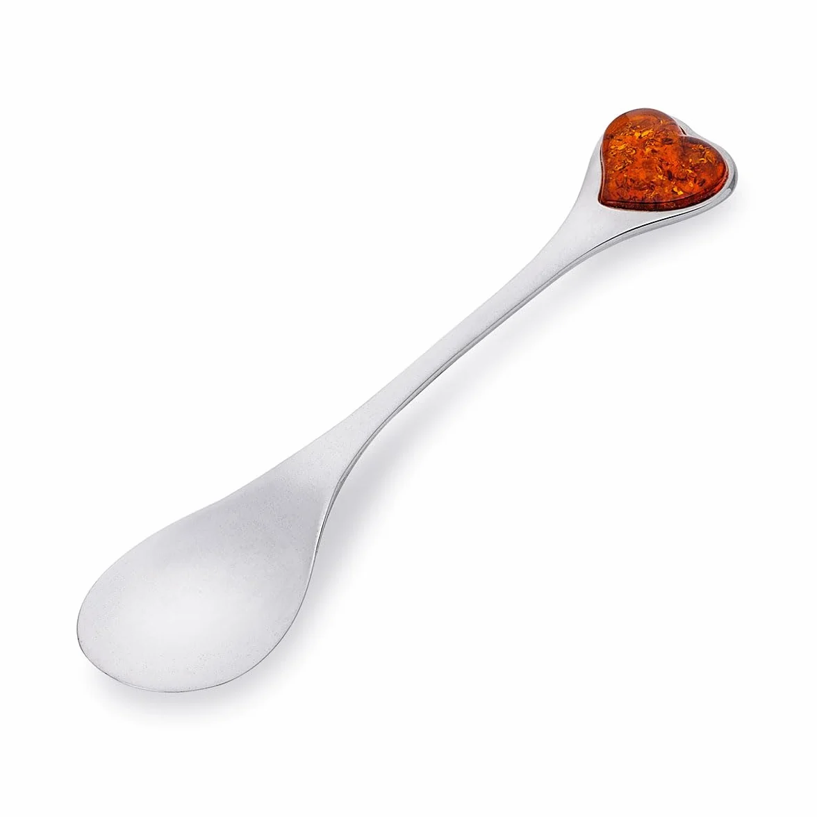 Cuchara tamaño M, plata de ley pulida con corazón de ámbar báltico, cuchara mediana de plata con corazón de ámbar, regalo para bautizo, boda, aniversario, cumpleaños, aniversario