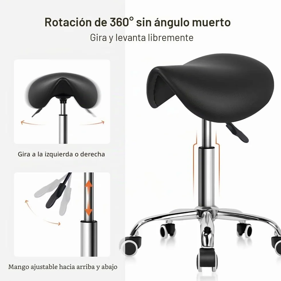 KKTONER Taburete Tipo Silla de Montar, Altura Ajustable 45-61cm, Giratorio 360° con Ruedas, Taburete de Oficina sin Respaldo para Estética, Peluquería y Hogar Negro