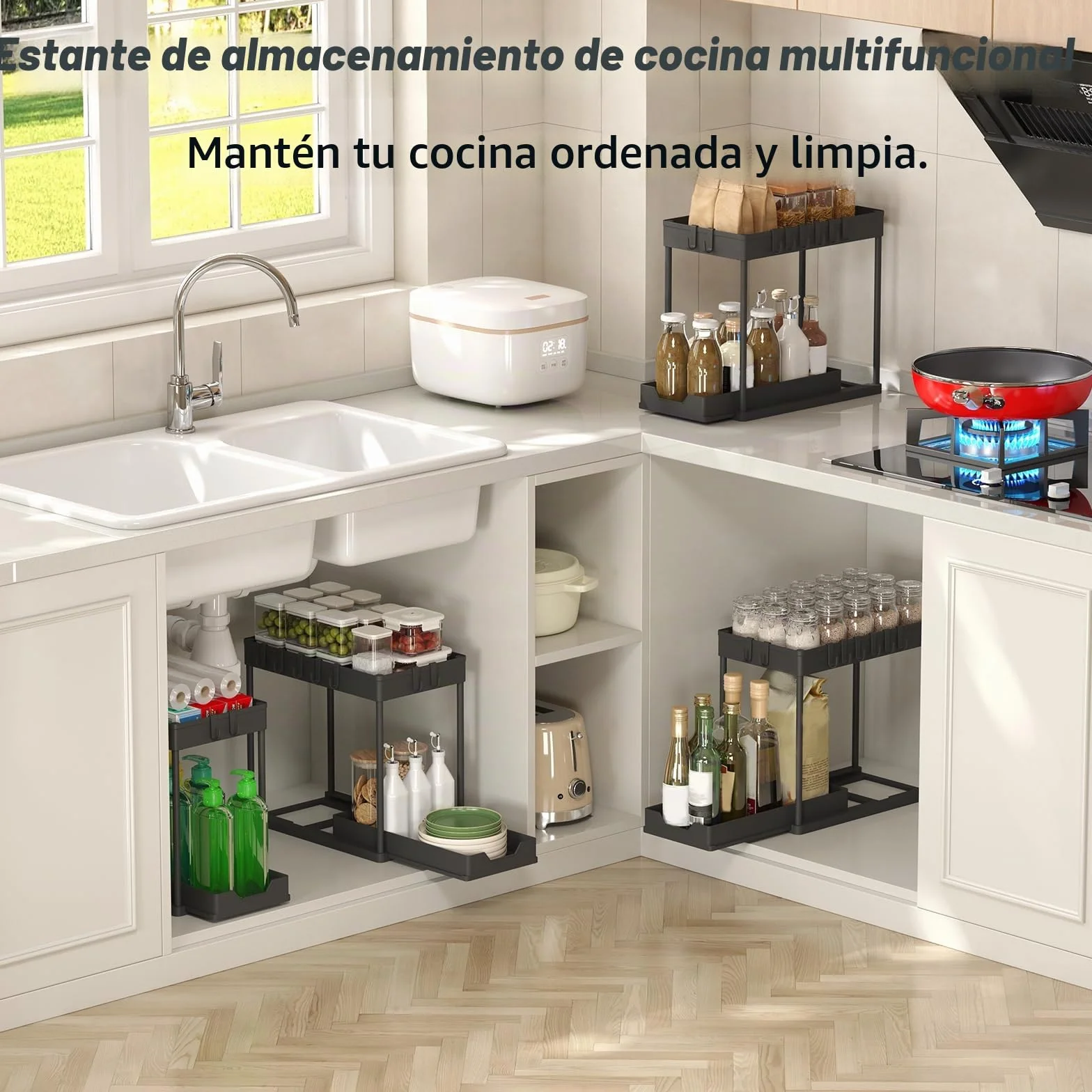 Organizador Cocina 2 Niveles para Debajo del Fregadero - Estante Almacenamiento Extraíble con 16 Ganchos, Negro