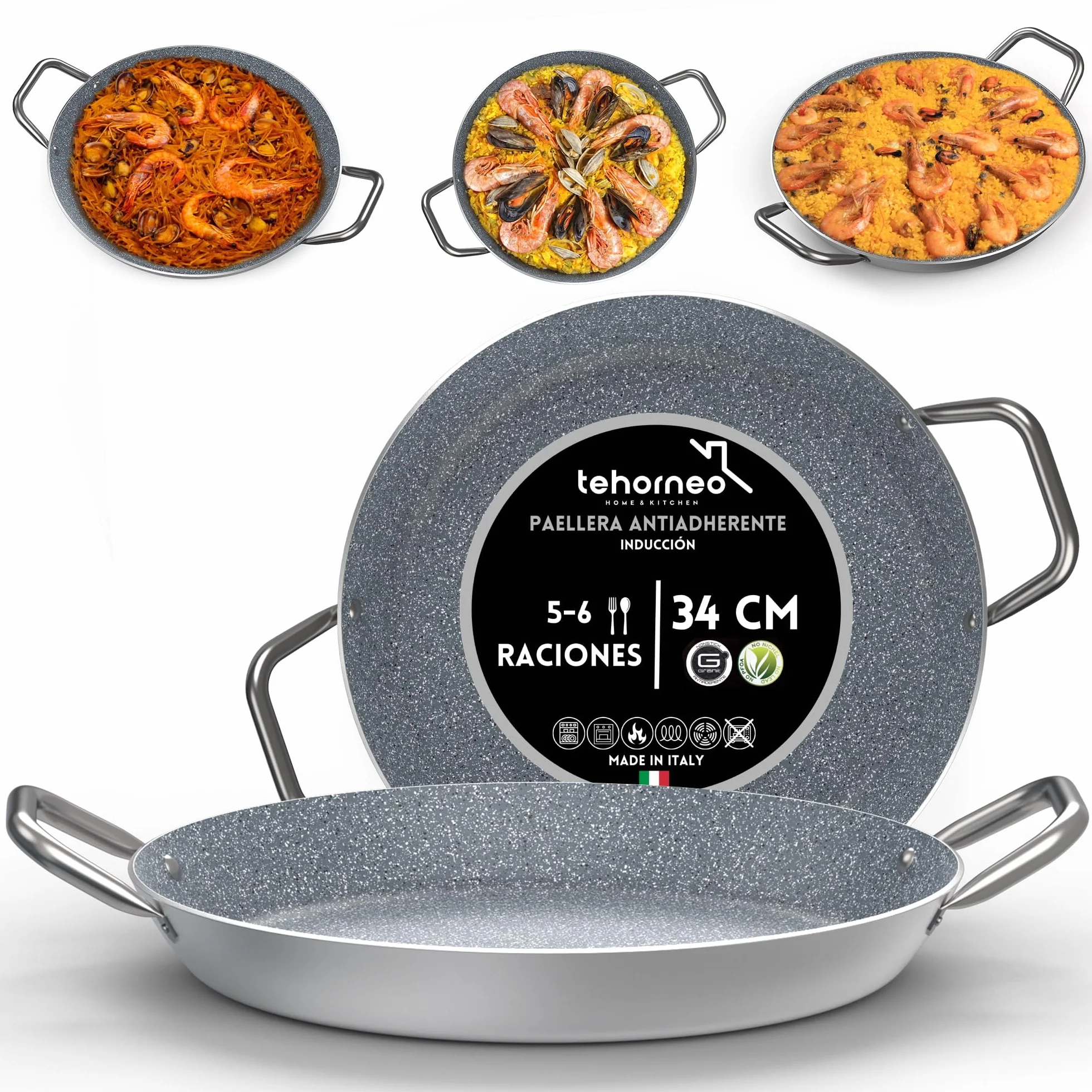 TEHORNEO Paellera Induccion, Paellera 34 cm de Antiadherente 5-6 raciones, Paella Induccion, Paella 34 cm Compatible con Inducción, Vitrocerámica, Gas y Electrica, Paelleras Grandes