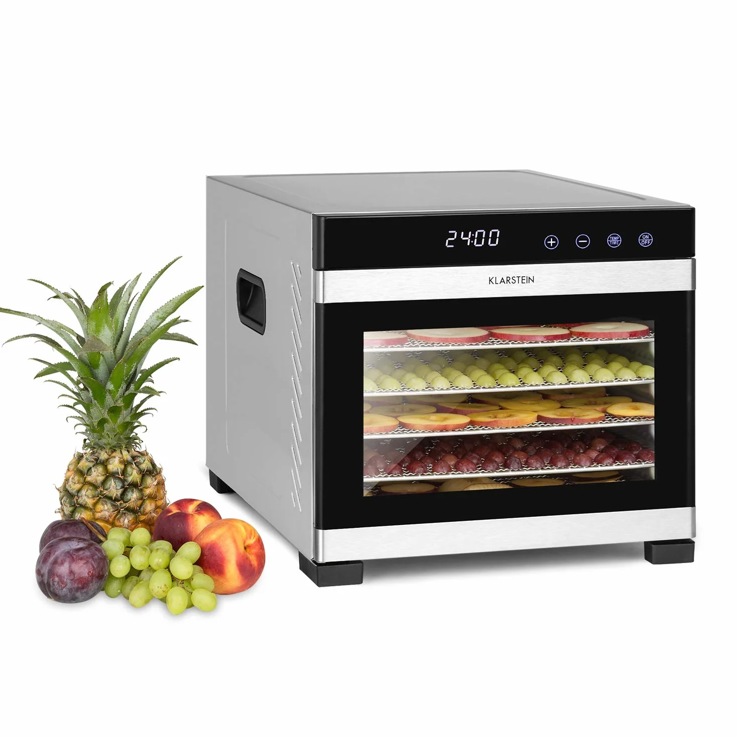 Klarstein Flavour Dry Deshidratadora de alimentos - Carcasa de acero inoxidable, 6 baldas, Temperatura 35-70 °C, Pantalla táctil LCD, 360° Airflow Circulation, Termostato digital, Frontal negro