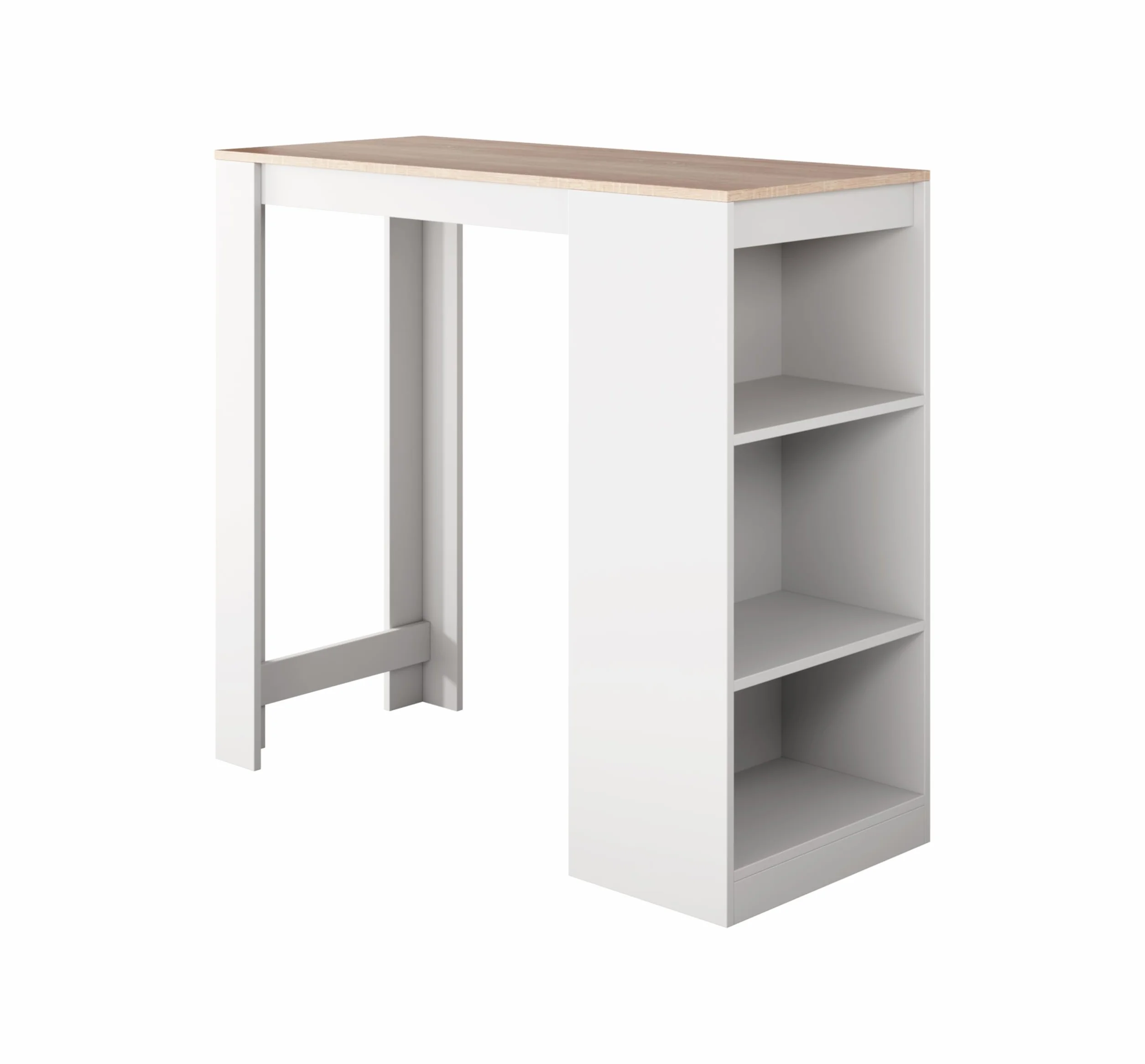 MB Muebles Bonitos | Mesa Alta Bar Kyra | Barra Cocina de Estilo Moderno con 3 Estantes | Melamina Mate | Color Blanco y Sonoma | 110x103x50 cm