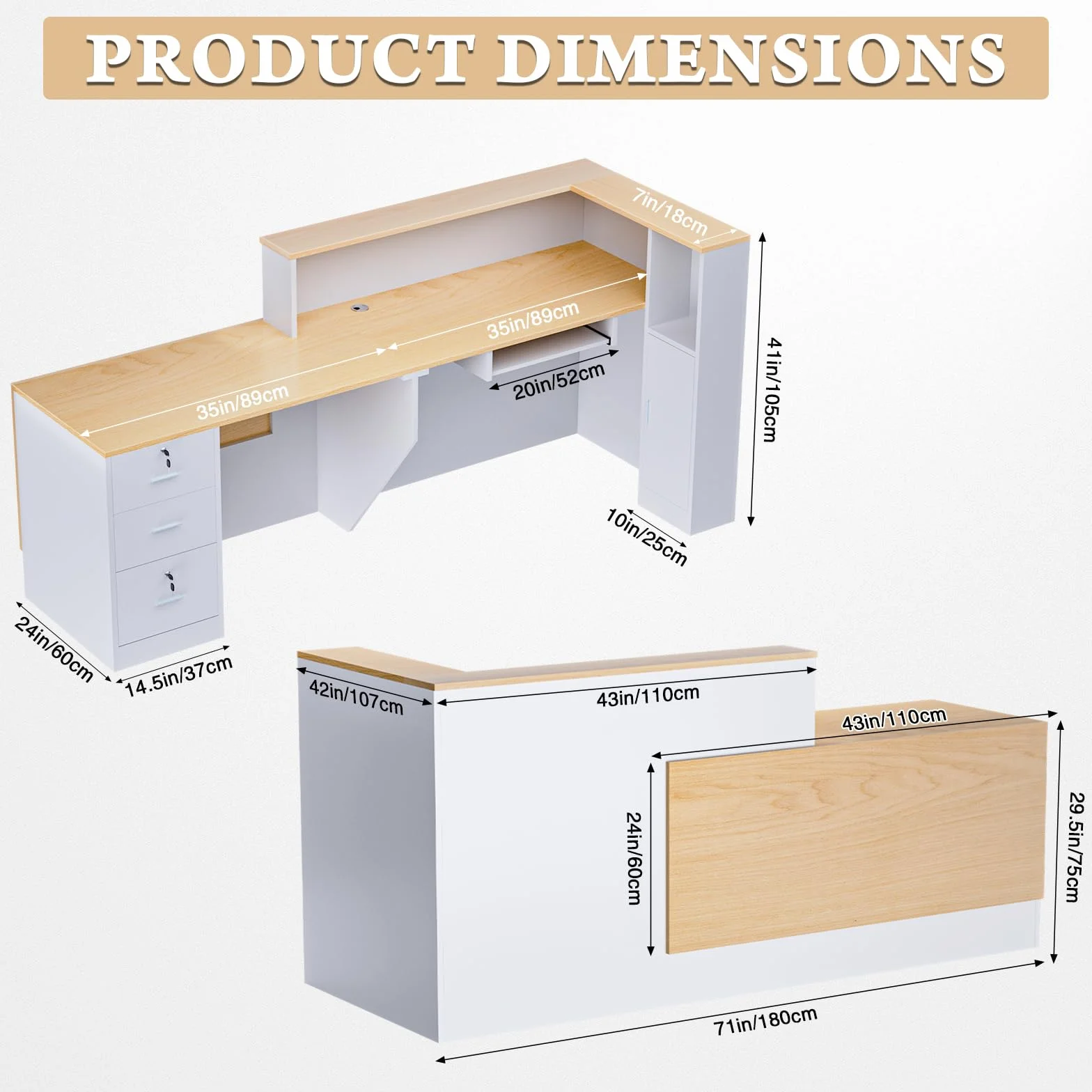 Escritorio de recepción grande de madera en forma de L, moderno mostrador de recepción con cajones con cerradura y bandeja de almacenamiento y teclado, para pagar, vestíbulo (madera natural izquierda