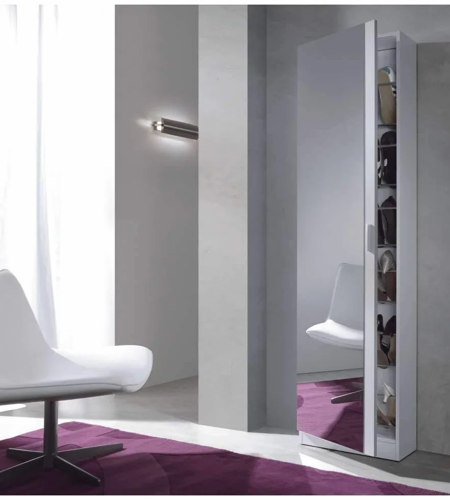 Habitdesign Zapatero de 1 Puerta con Espejo Modelo Kristal, Capacidad 16 Pares, Medidas: 180x50x20 cm, Color Blanco Brillo