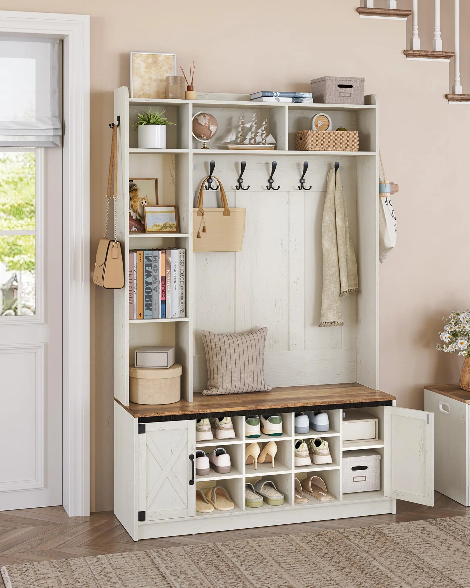 Hzuaneri Perchero LED con Banco de Zapatos, Mueble de Entrada, Estantes Ajustables, 15 Compartimentos Abiertos, 7 Ganchos, para Entrada, Pasillo, Blanco y Marrón HT24614XEU