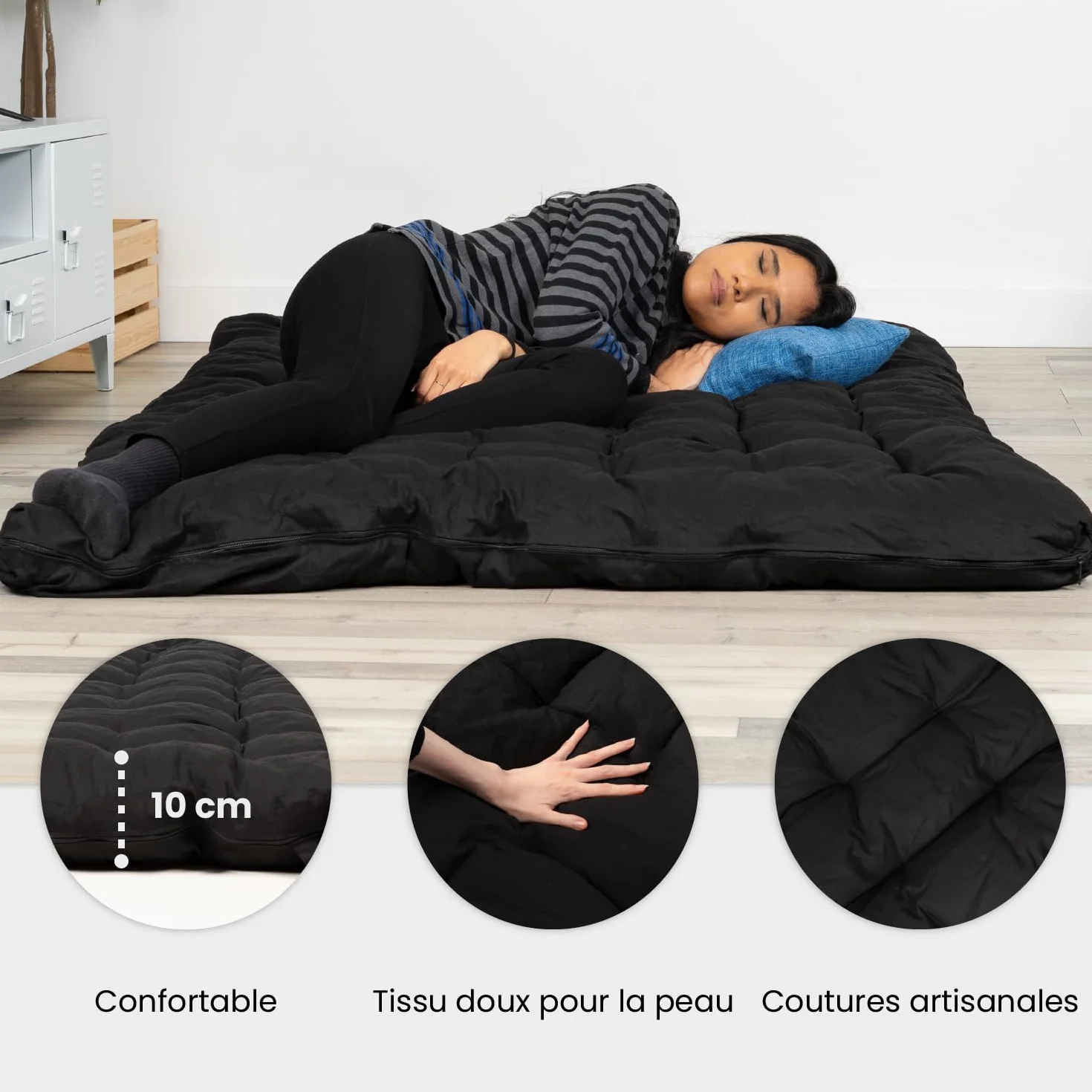 MEUBLE Cosy Futón Portátil Plegable de 2 Plazas, Colchón 135 x 190 x 10 cm, Negro