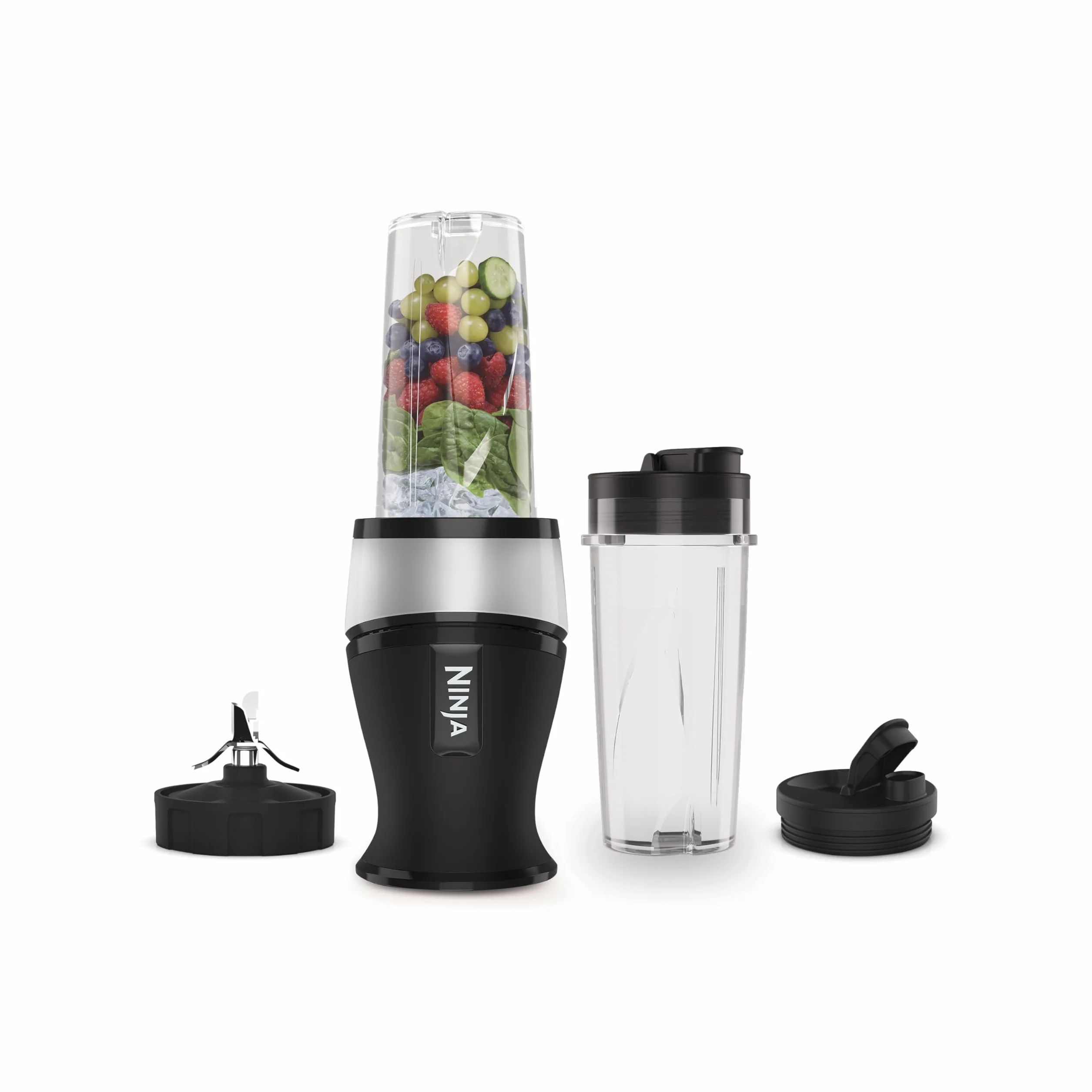 Ninja Slim Batidora de vaso para smoothies, 700 W, 2 vasos de 470 ml con tapa con boquilla, batidora individual, tritura hielo y fruta congelada, en plateado y negro, QB3001EUS