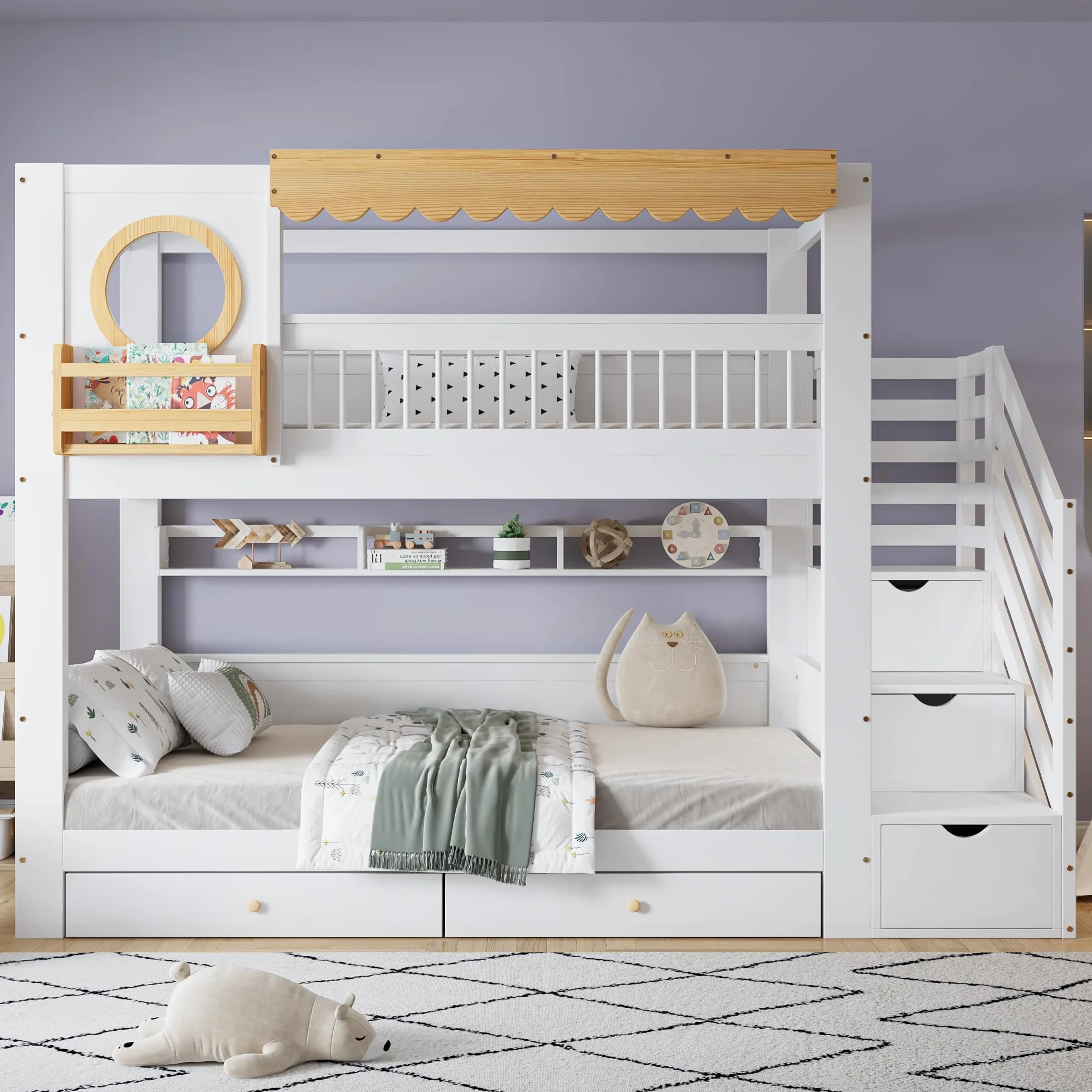 Dolamaní Cama infantil litera, 90 x 200 cm, litera para 2 niños y 2 cajones con ruedas, cama de casa con espacio de almacenamiento, escalera de madera de pino MDF, cama para niñas (sin colchón