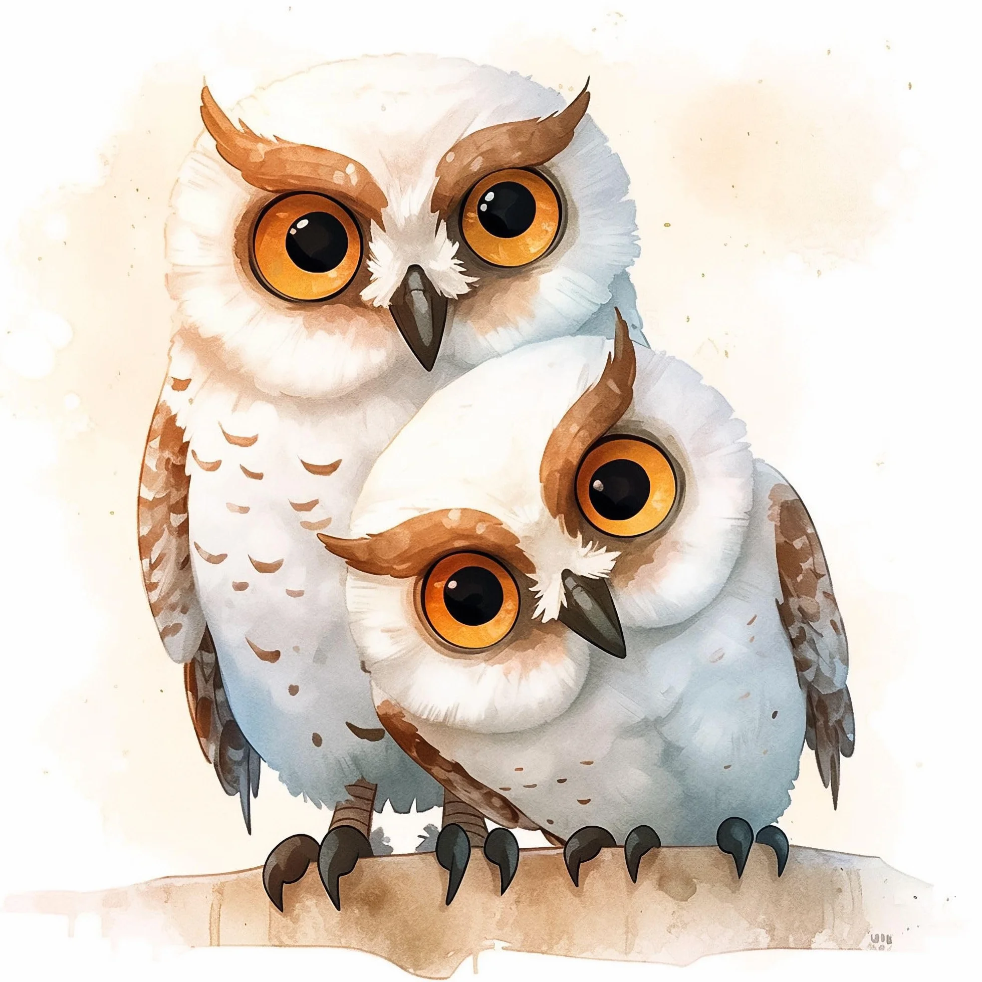 Cuadro de madera de 40 x 40 cm: escena de dibujos animados con dos búhos en un ast. Ilustración acuarela para libro infantil
