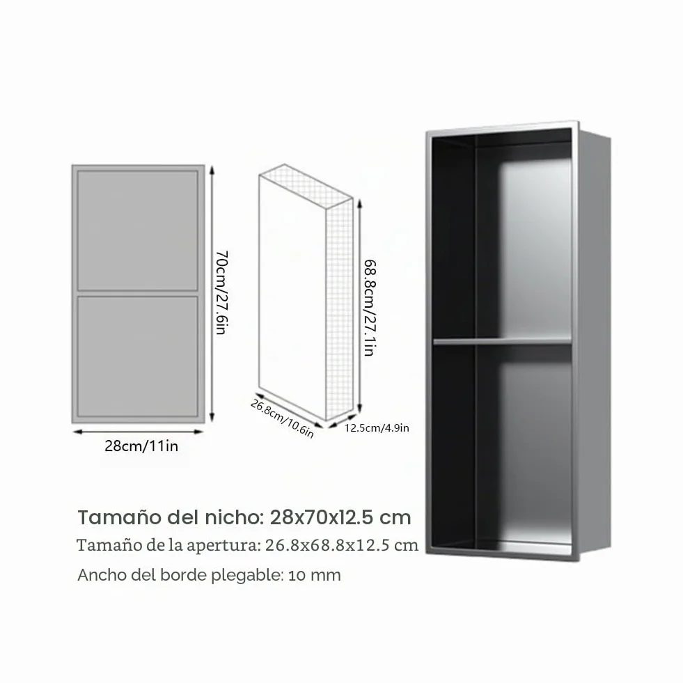 Ducha de Pared de Acero Inoxidable con luz LED, Estante de Almacenamiento de nicho de Ducha Empotrado para baño, no Requiere Azulejos (Negro, 70 x 28 x 12,5 cm)