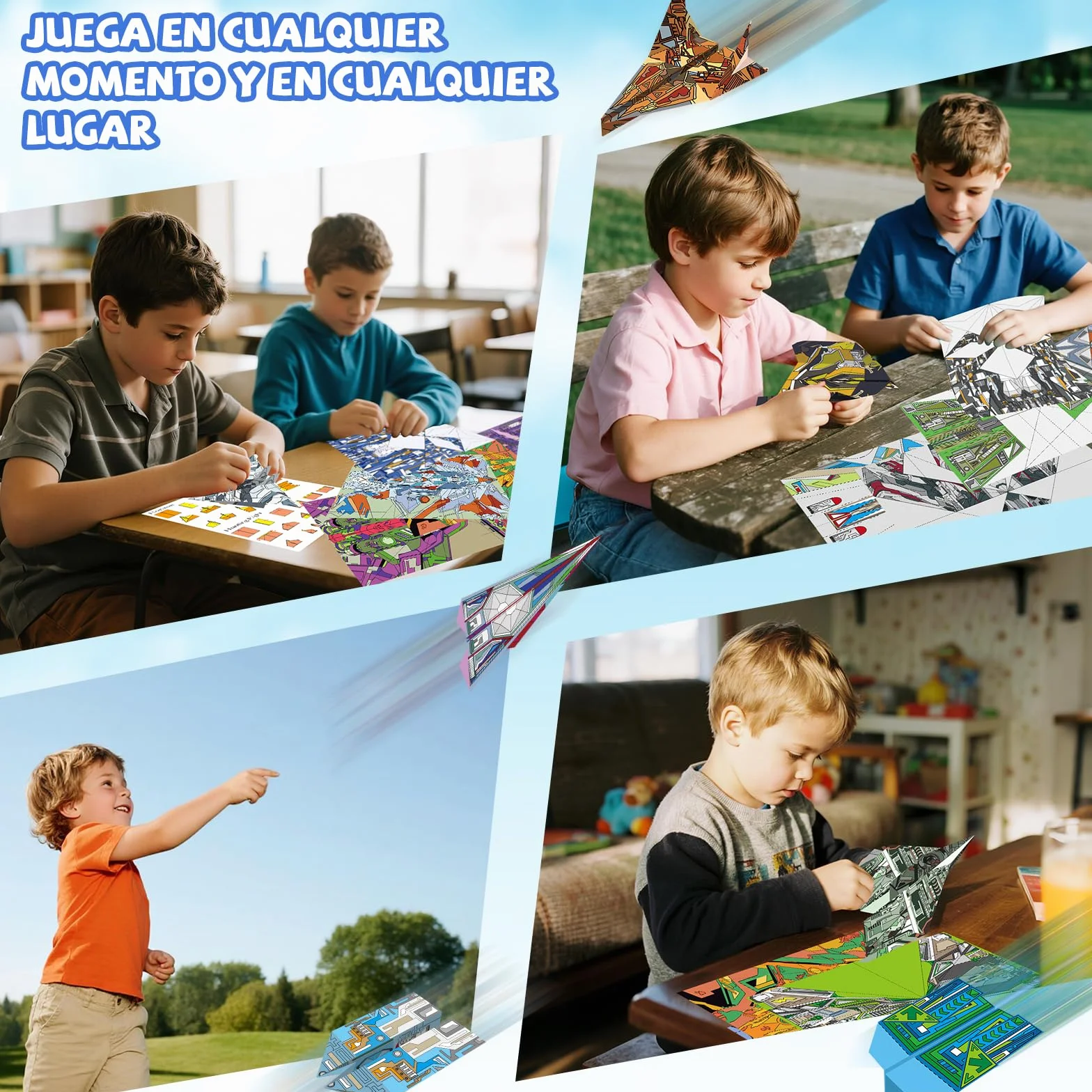 Elfew 48 Hojas Aviones Origami para Niños, Papel Origami Avion Juguete, Papiroflexia Manualidades
