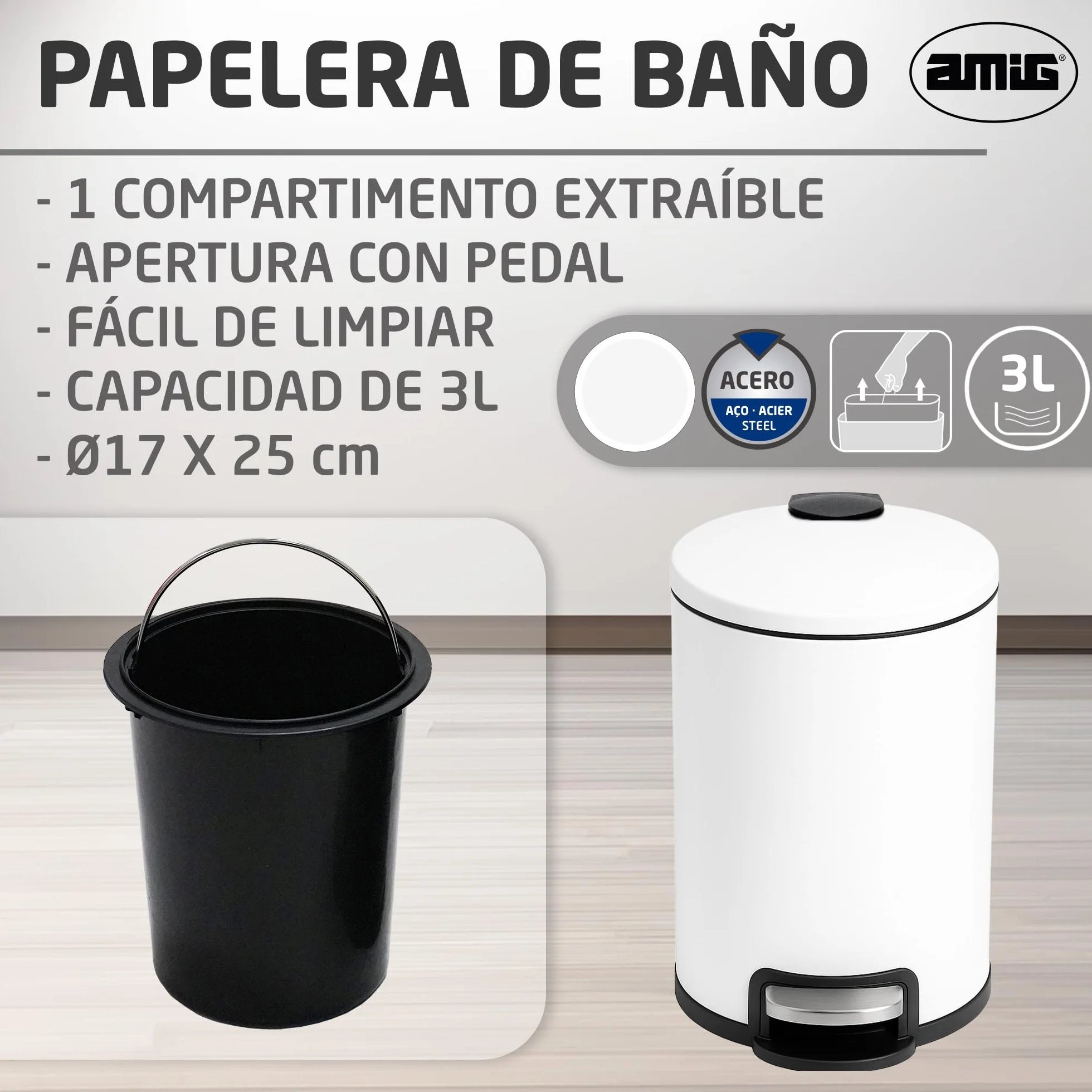 Cubo de Basura para Baño con Pedal 3 Litros Blanco Acero Inoxidable Lacado Ø16,8 x 25,5 cm
