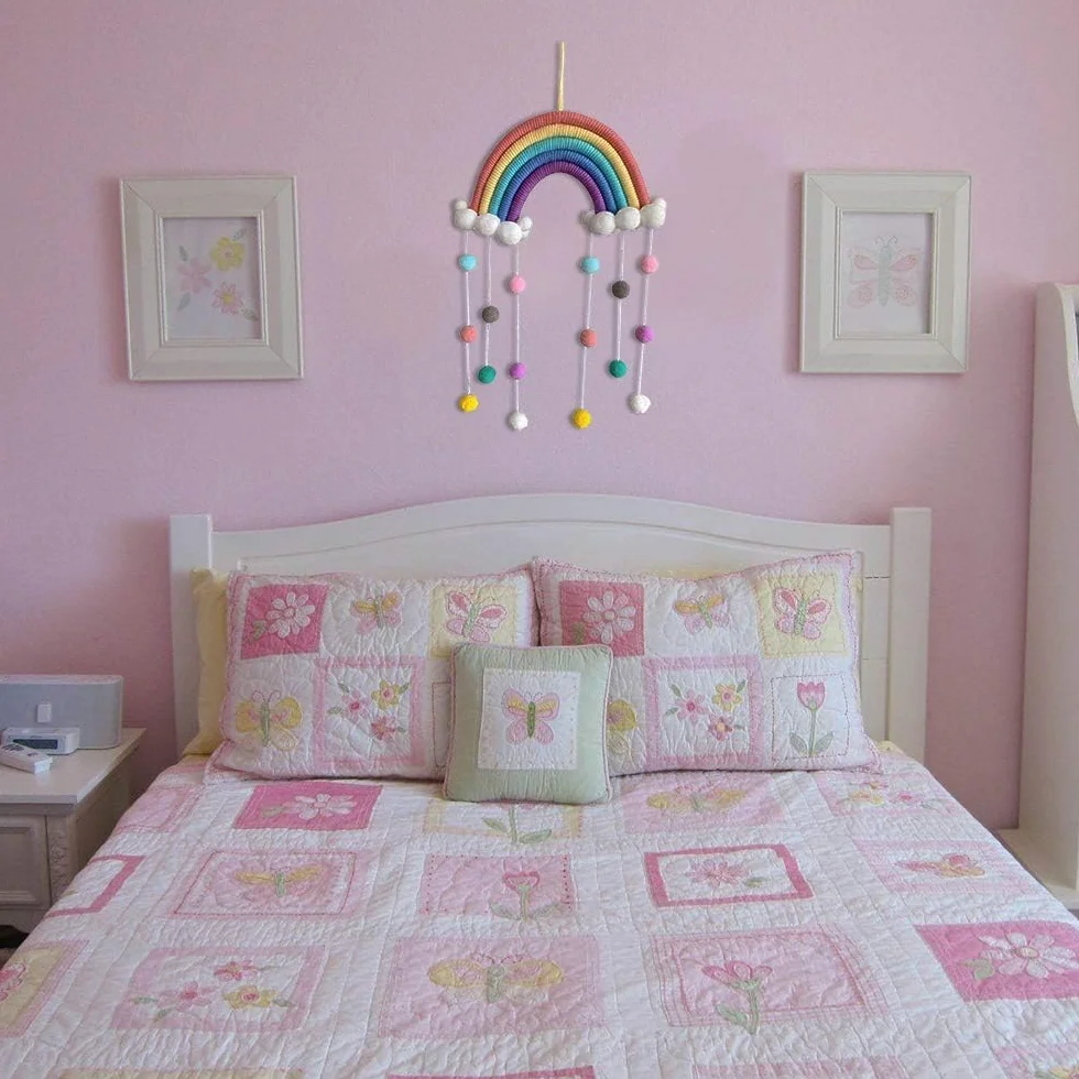Macramé Decoración de Pared Nubes Arcoíris Pompones Boho para Niños Habitación Infantil