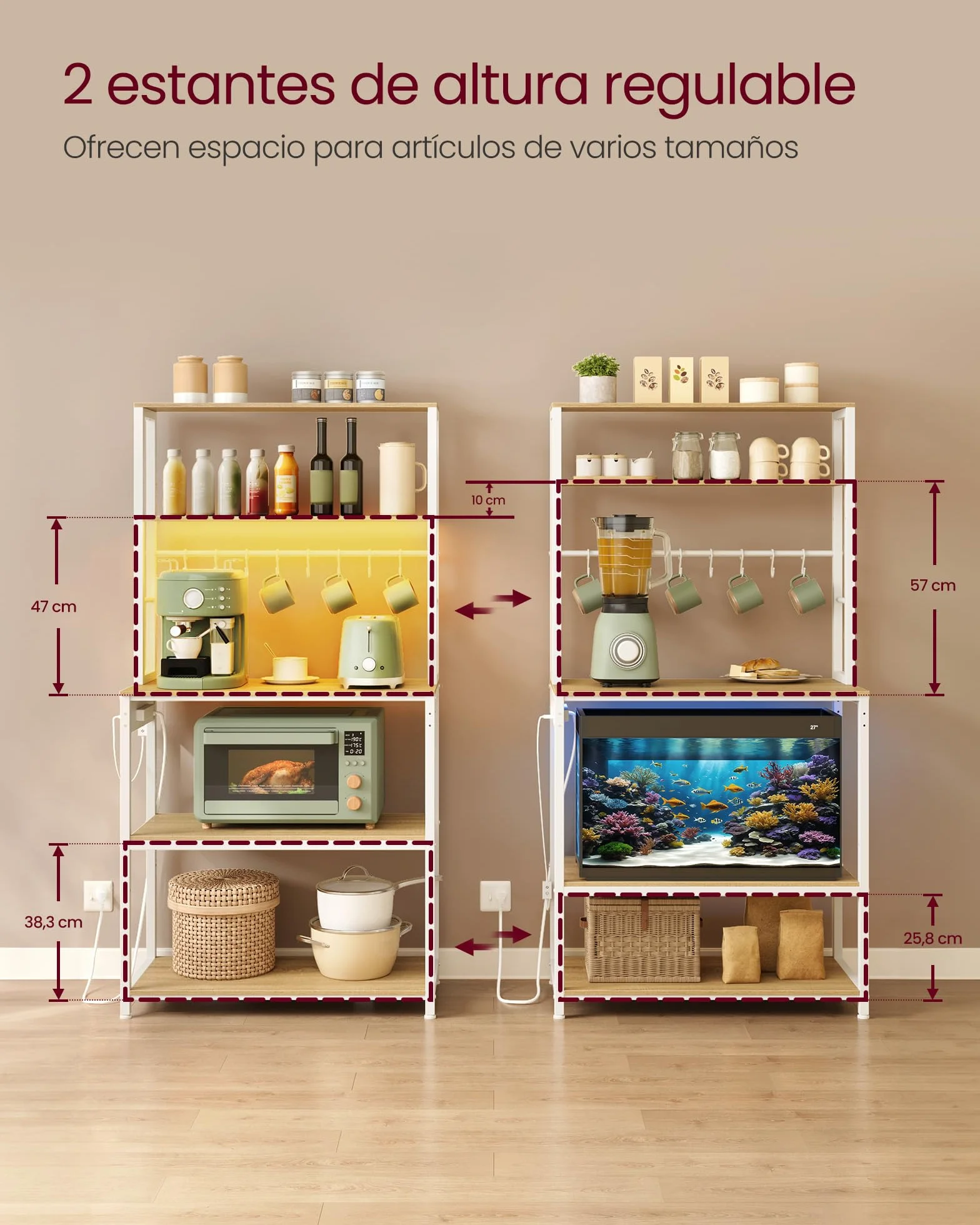 VASAGLE Estantería de Cocina con LED, para Microondas con Regleta, Estantes Ajustables, 8 Ganchos, 40 x 80 x 168,4 cm, Roble Dorado y Blanco Mate KKS050YA01