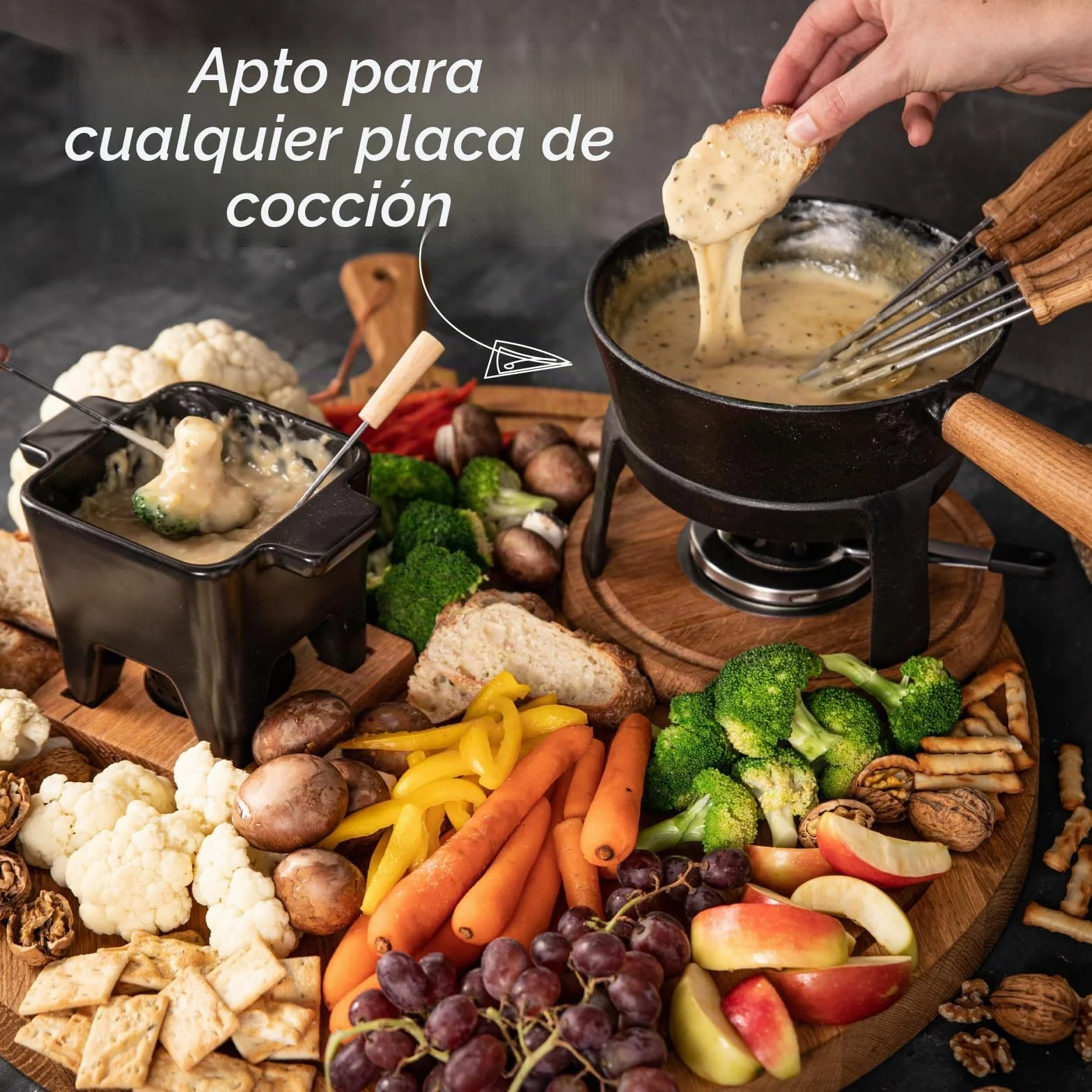 BOSKA Juego de fondue Pro L - Juego de fondue de alta calidad - Juegos de fondue de queso - Olla de fondue de hierro fundido - Adecuado para cualquier estufa - Incluye 6 tenedores de fondue de madera
