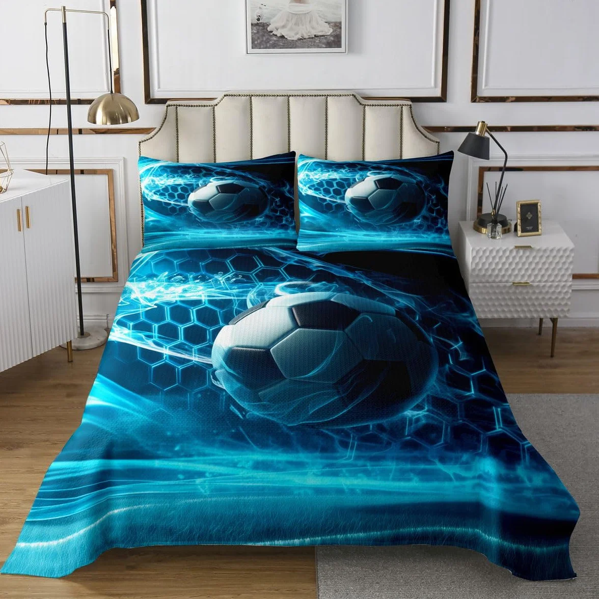 Manfei Juego de colcha de fútbol tamaño individual, juego de colcha de fútbol con temática deportiva, 2 piezas, regalo para los amantes del fútbol, colcha acolchada con 1 funda de almohada, decoración