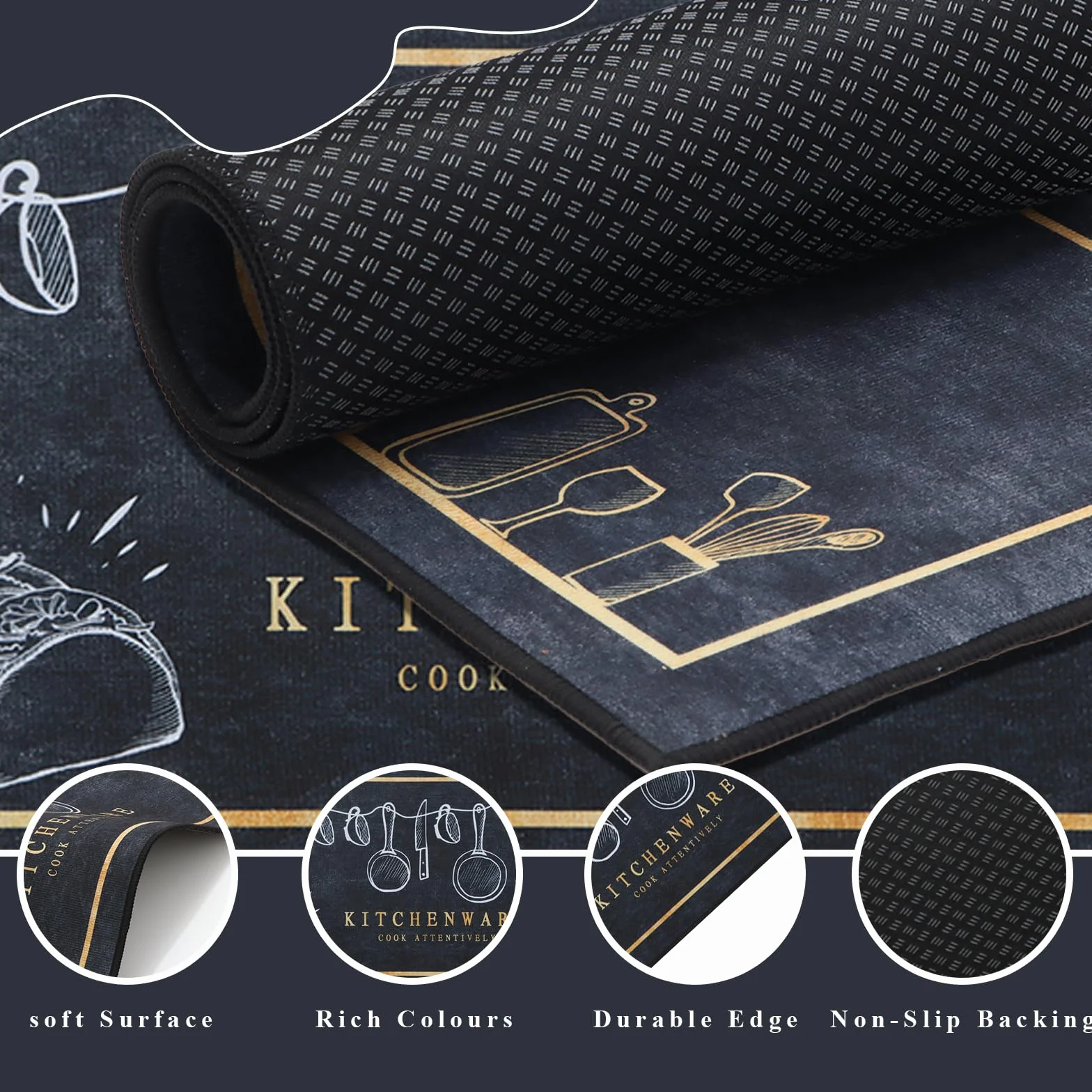 Juego de alfombras de Cocina,2 Piezas Antideslizantes Lavables Alfombrillas de Cocina y alfombras Runner Set,Lavable alfombras de Piso,Negro,40x60+40x120cm