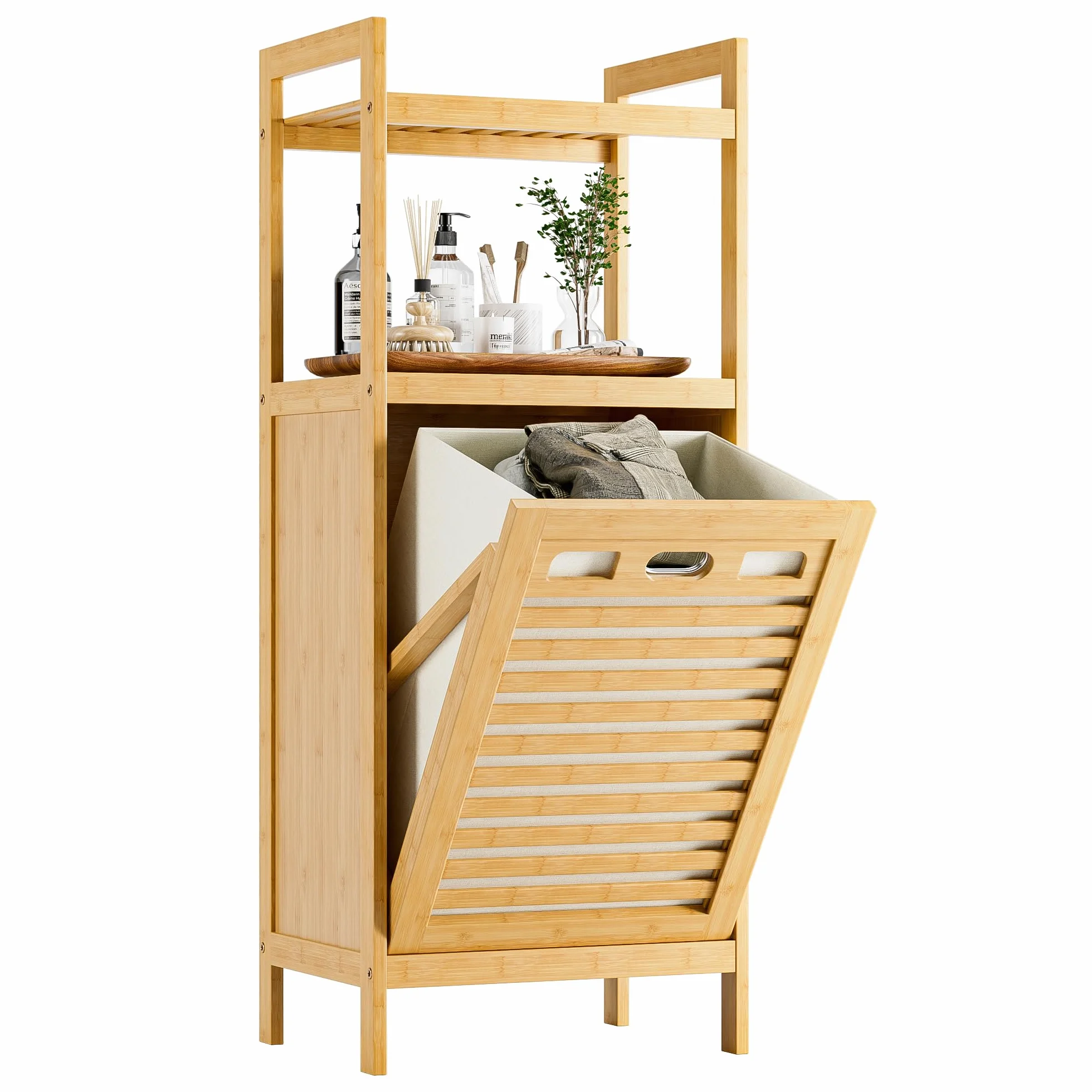 HITNET Mueble Ropa Sucia, Armario de Baño con 1 Cesta de Ropa Sucia y 2 estantes Abiertos, 40L Bolsa Interior Extraíble con Asas para Sala de Estar y Dormitorio, Natural