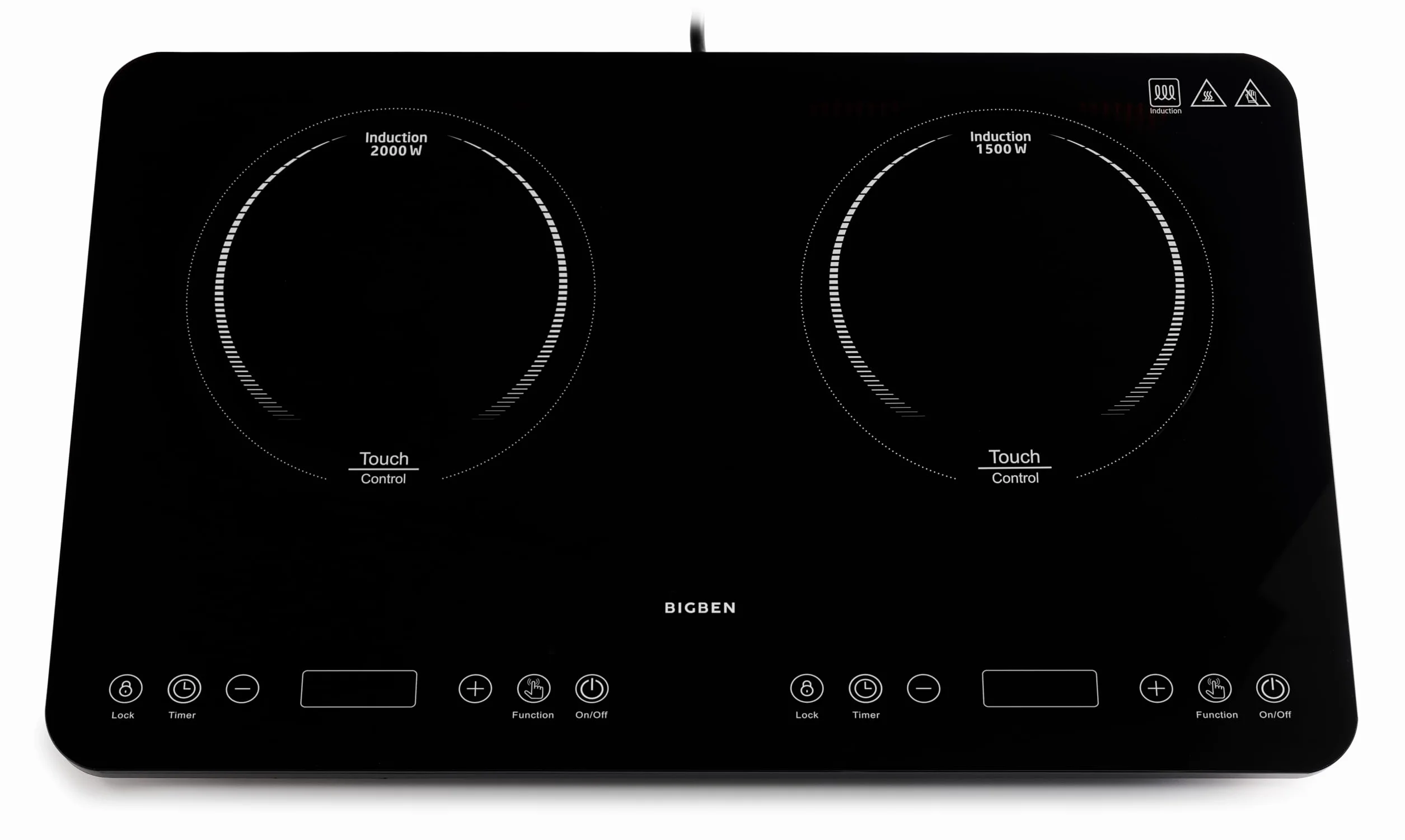 Bigben - Placa de inducción doble CKDUO2BK, 3500 W, 2 fuegos, temporizador, control de temperatura 60-240 °C, fácil limpieza