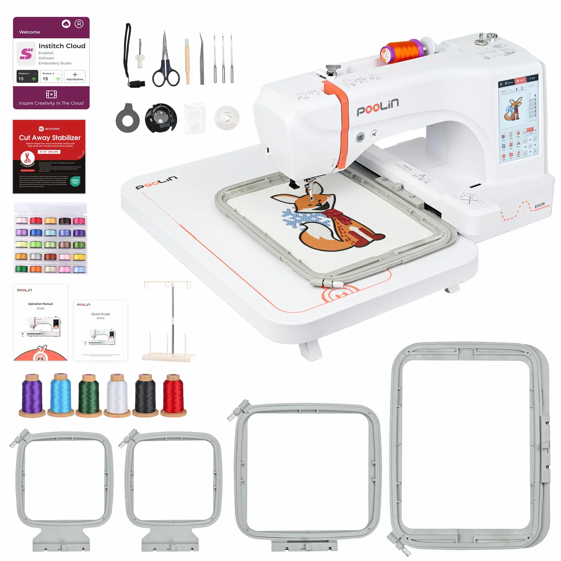 PooLin EOC06 - Máquina de bordar, pantalla táctil, bordador digital, letras y patrones, máquina embroidery, para personalizar camisetas, polos, chaquetas, camisas, bolsos, toallas y más