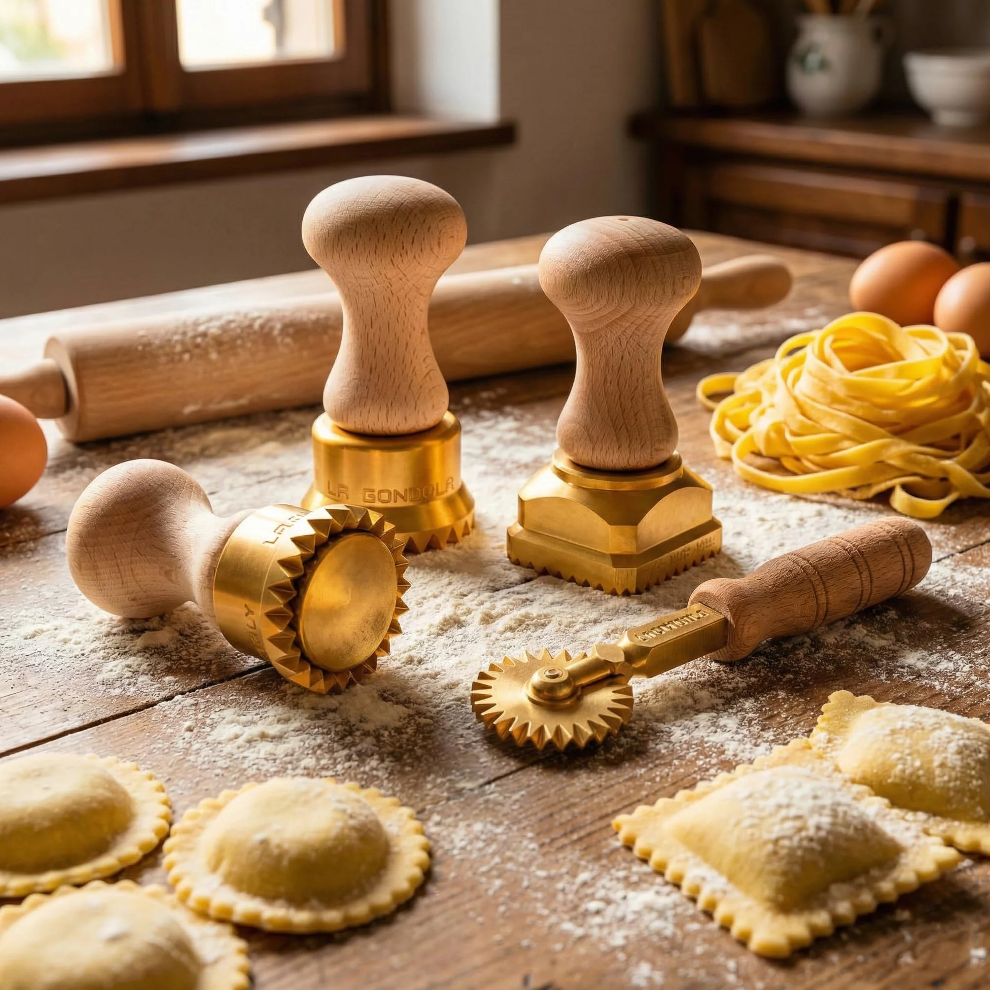 La Gondola Cortador de Raviolis Caseros - Forma de Champiñón 65 mm | Cortapastas de Latón y Madera Natural | Cortador de Pasta Robusto y Fácil de Usar | Utensilios para Pasta Fresca Hechos en Italia