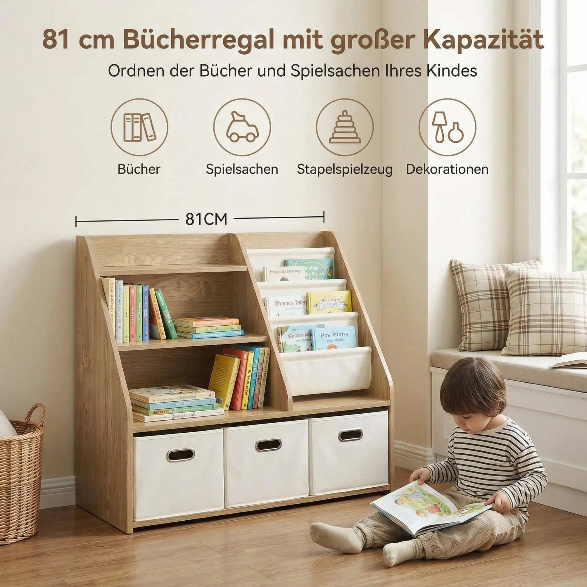 Estantería para niños con Almacenamiento – Montessori – Estantería de Madera para Juguetes de 4 Niveles con 3 cajones y 4 Cajas de Tela | Organizador para habitación Infantil y Sala de Juegos